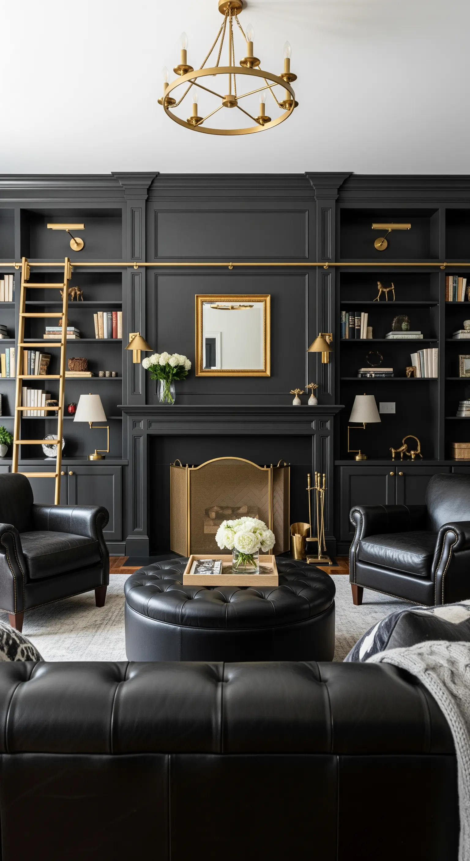 Elegante Bibliothek mit raumhohen, schwarzen Bücherregalen und einer goldenen Leiter.