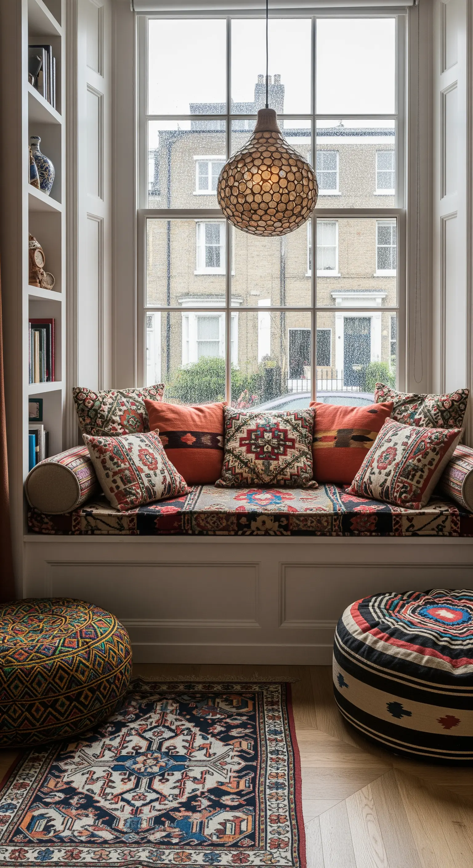 Gemütliche Fensternische mit einer gemusterten Matratze und vielen bunten Kissen.