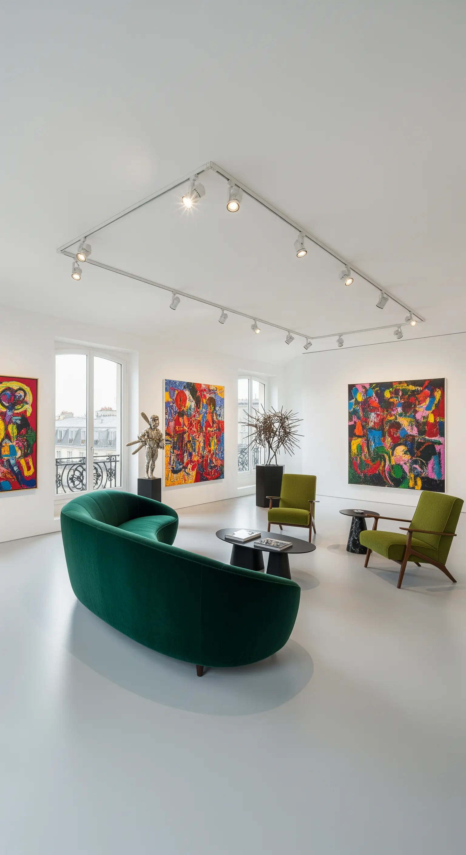 Weißes, galerieartiges Wohnzimmer mit moderner Kunst, grünen Sesseln und einem geschwungenen Sofa.
