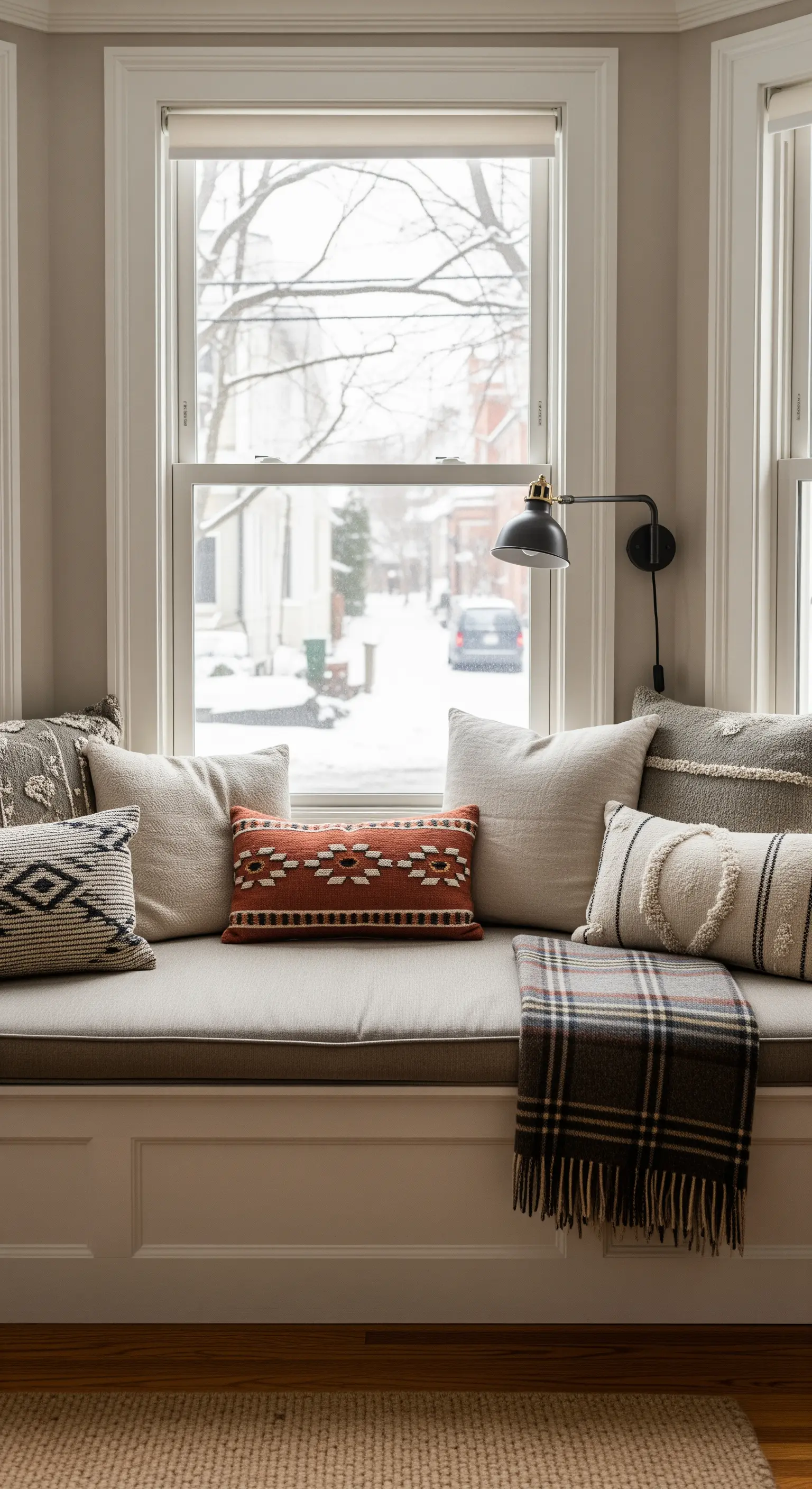 Eine gemütliche Fensterbank mit einer dicken Auflage und vielen verschiedenen Boho-Kissen