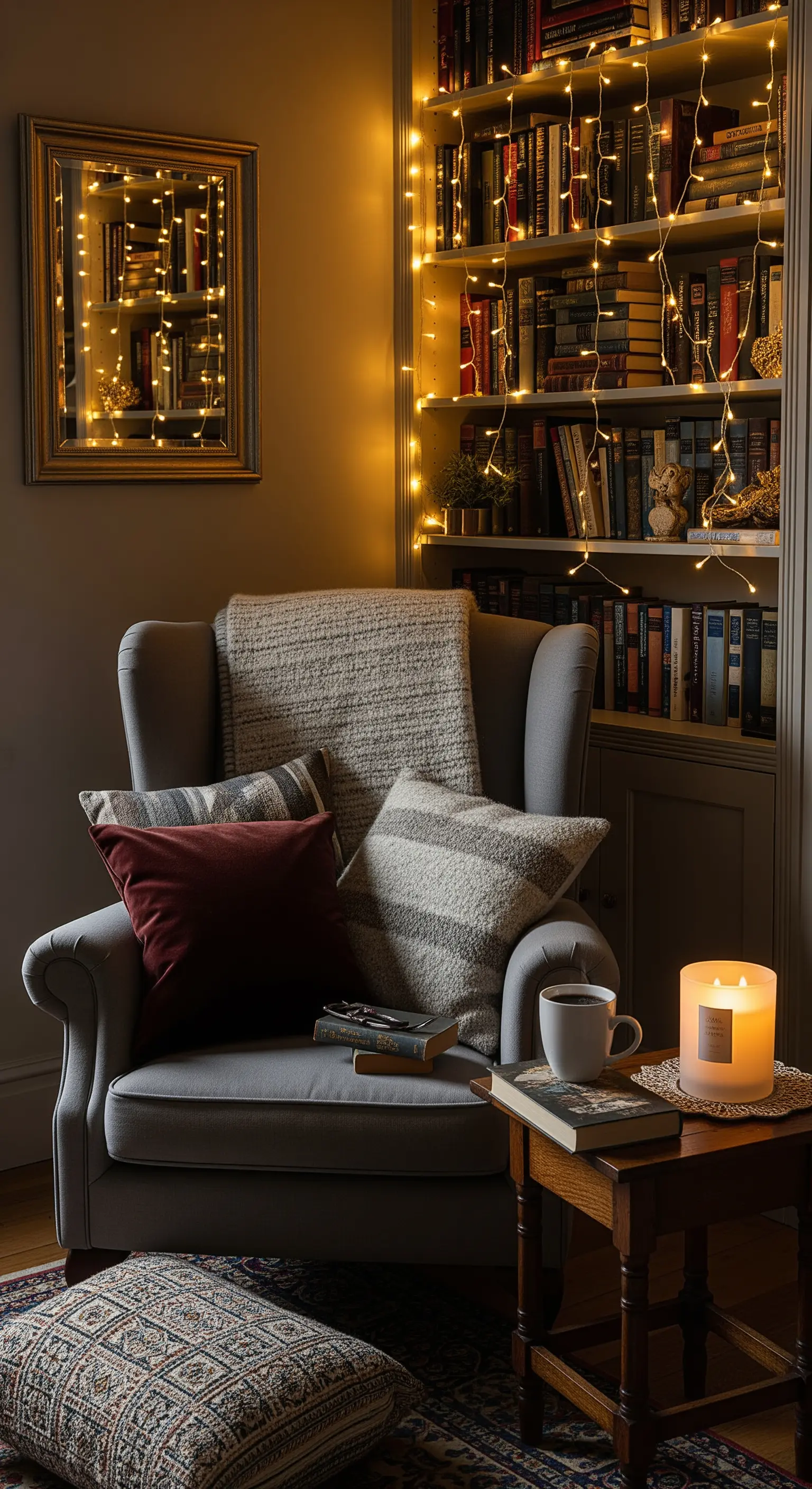 Gemütlicher Sessel neben einem mit Lichterketten dekorierten Bücherregal und einer großen Kerze.