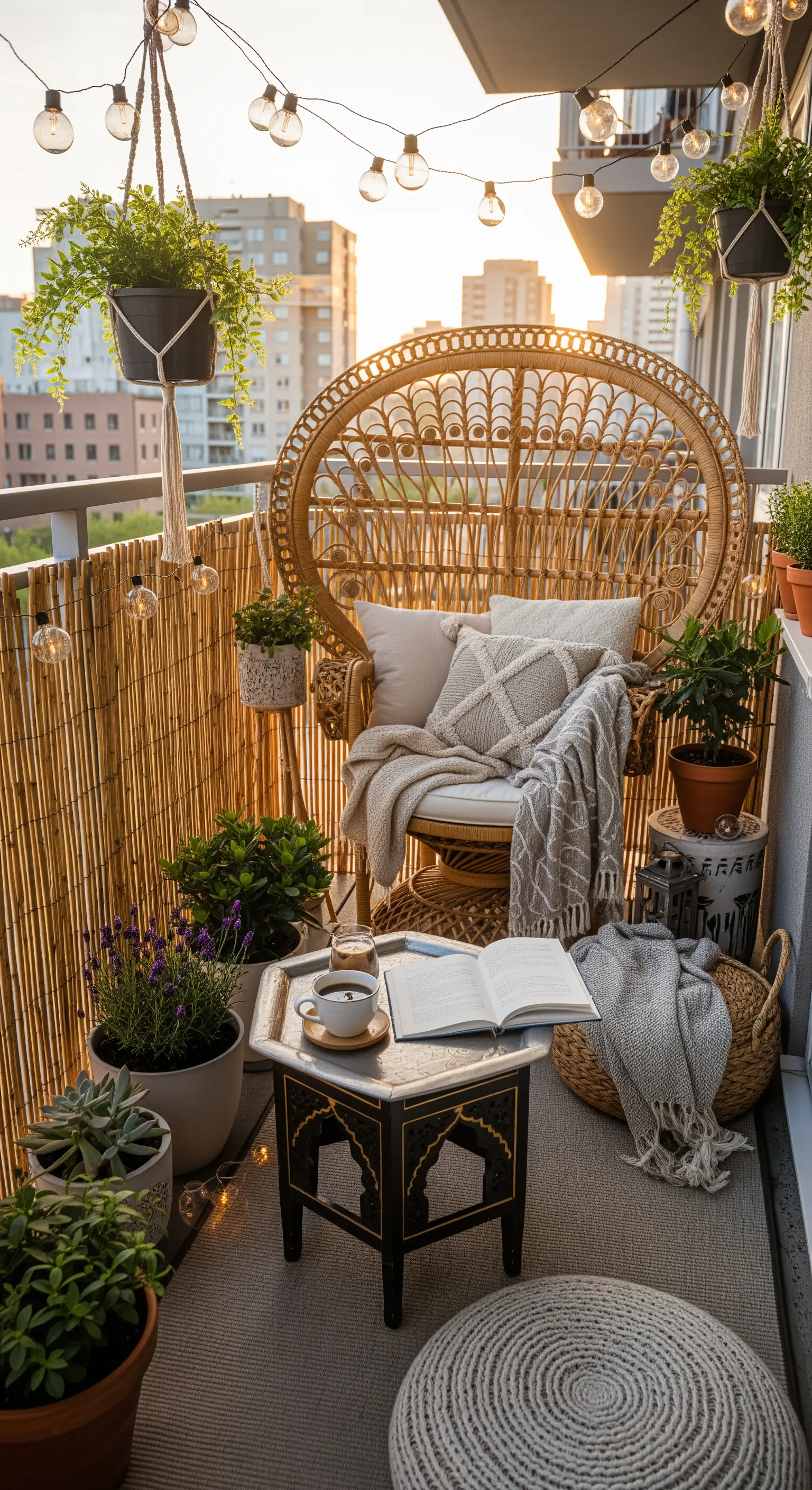 Boho-Balkon mit Pfauensessel, Lichterketten und Bambus-Sichtschutz bei Sonnenuntergang.