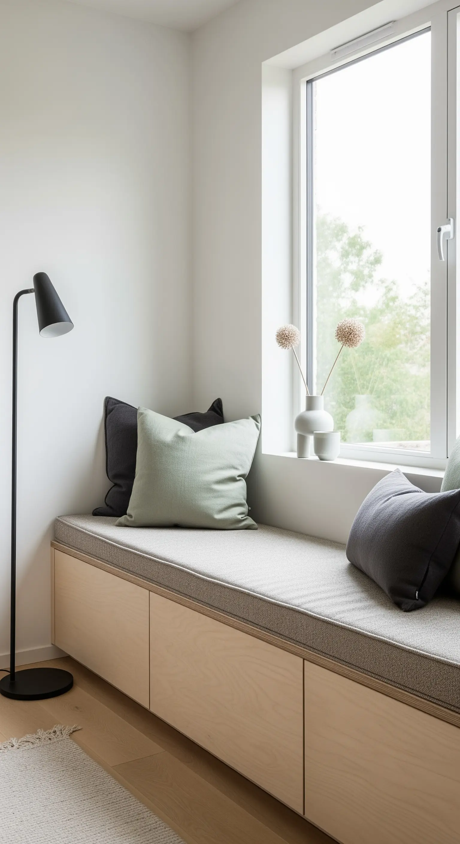 Moderne Fensterbank mit grauer Auflage, Kissen in Grün und Anthrazit und schwarzer Stehlampe
