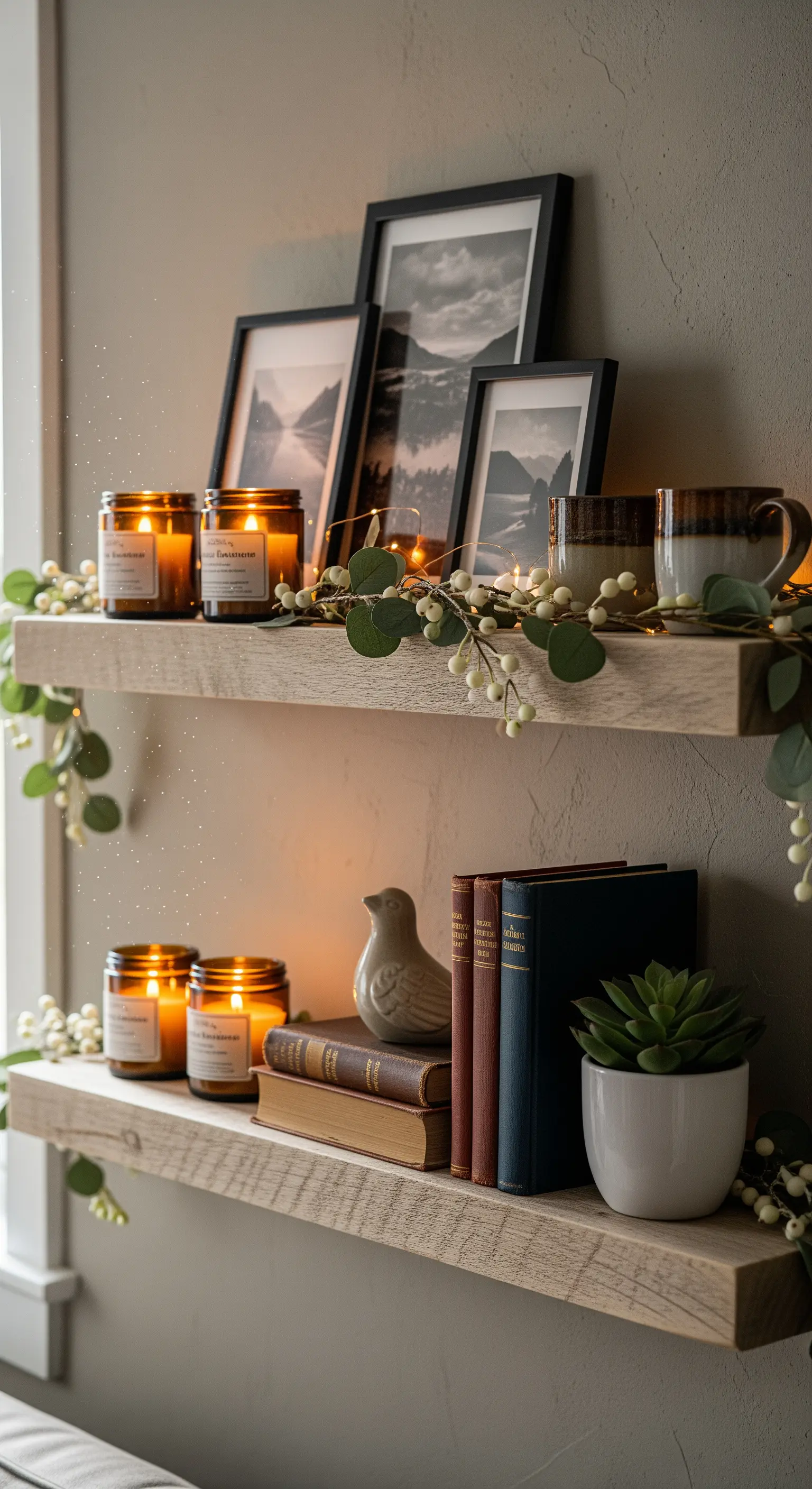 Wandregale, dekoriert mit einer beleuchteten Girlande und Duftkerzen.