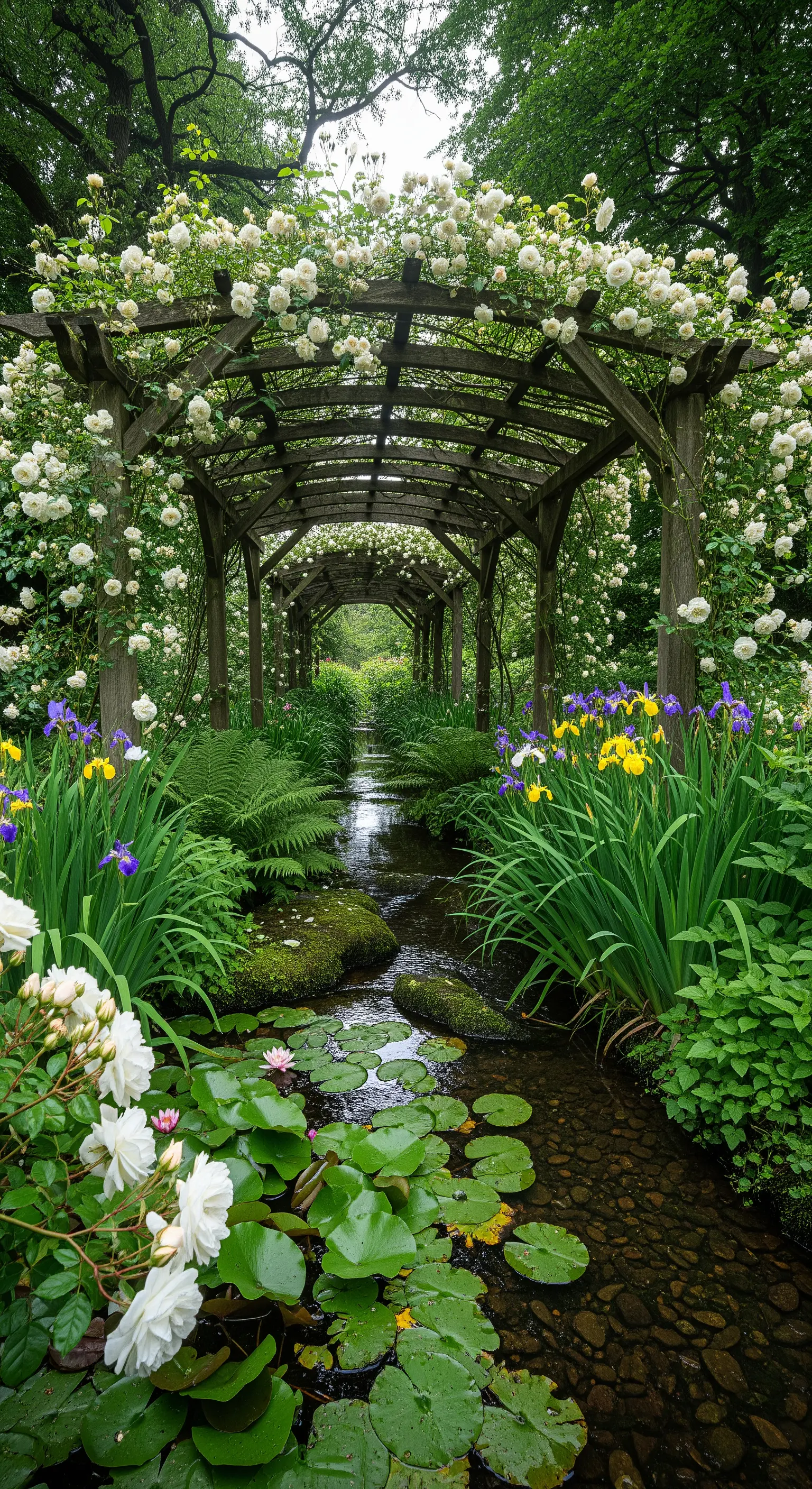Holzpergola mit weißen Kletterrosen über einem Bachlauf mit Seerosen und Iris