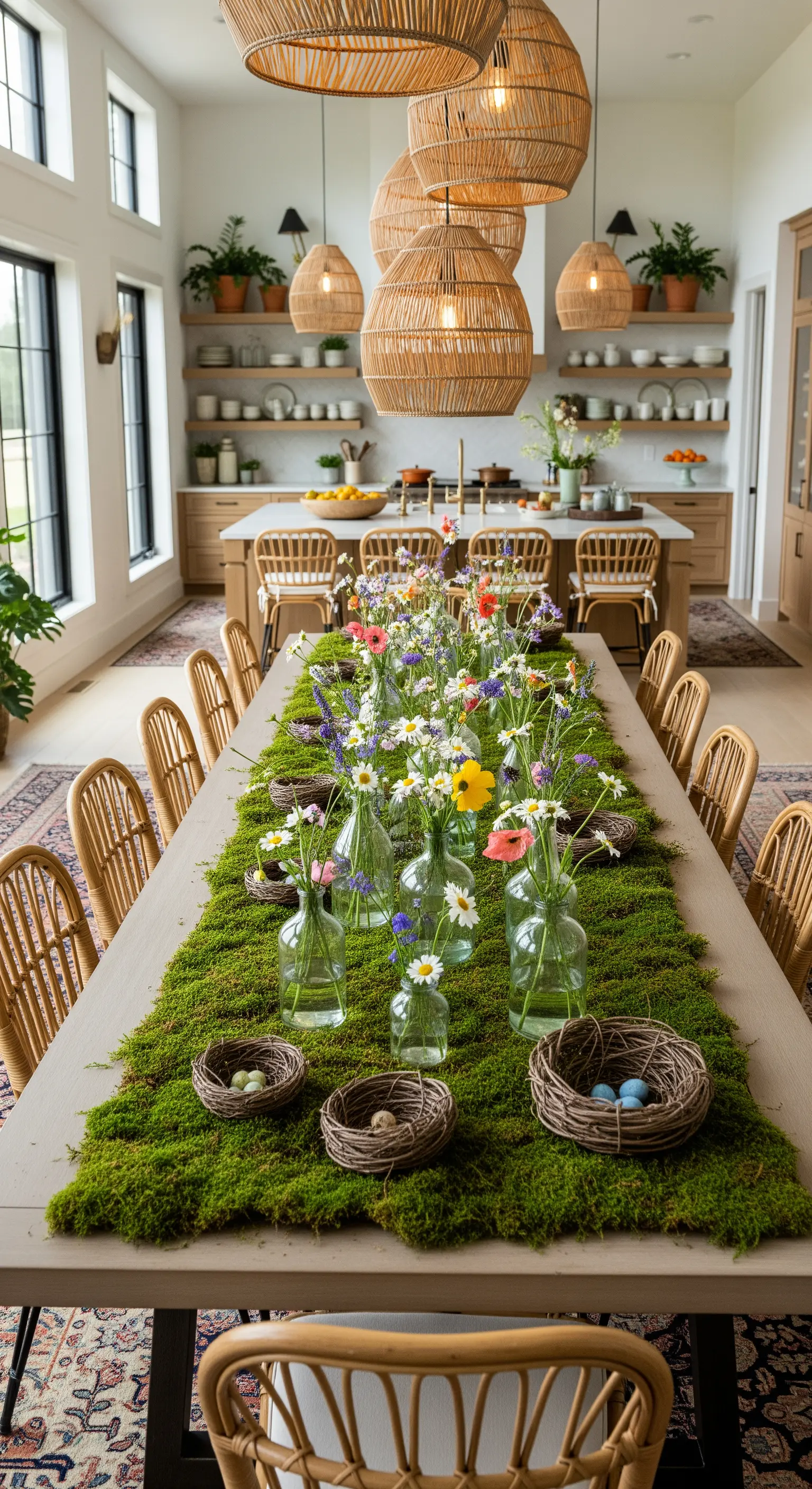 Esstisch mit Moosläufer, Wildblumen und Vogelnest-Deko