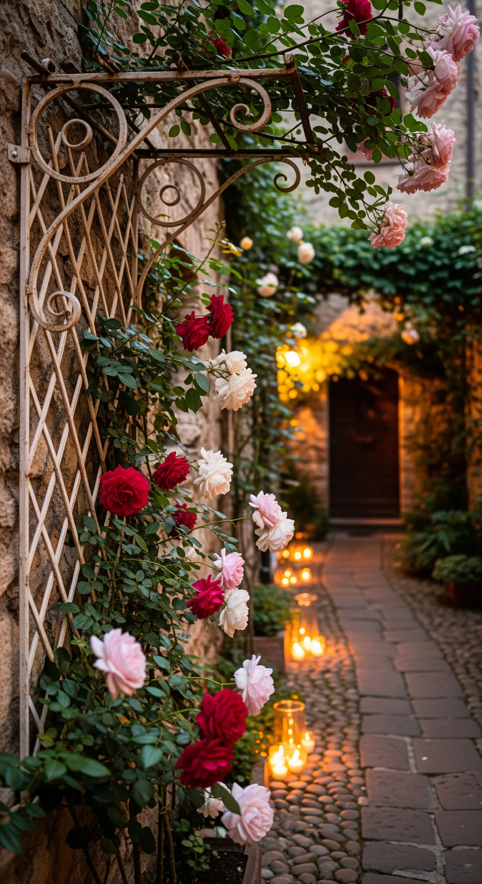 Gasse mit Rankrosen in Rosa, Rot, Weiß, schmiedeeisernem Gitter und Kerzenlichtern