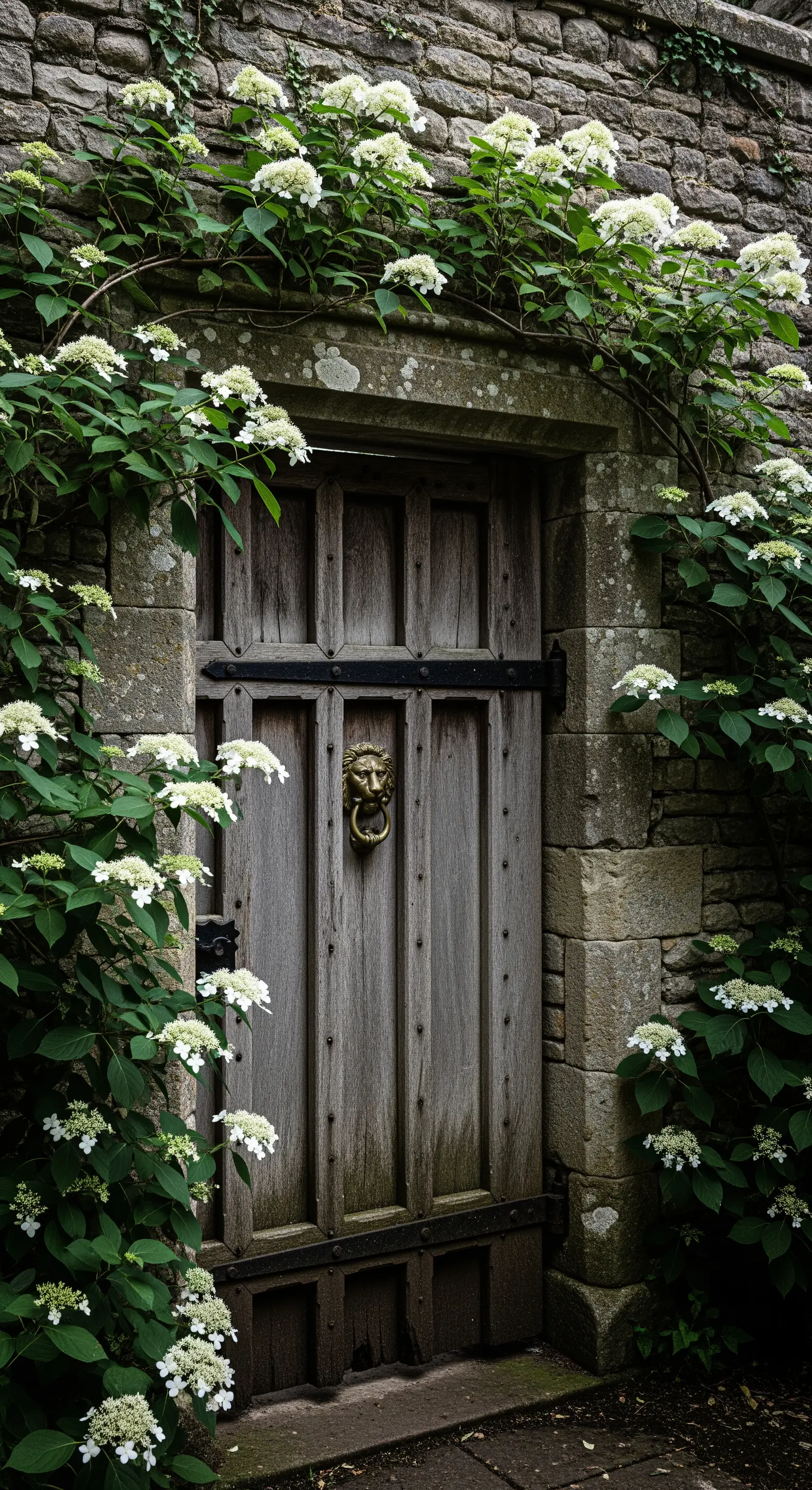 Alte Holztür in Steinmauer mit weißen Kletterhortensien und Löwenklopfer