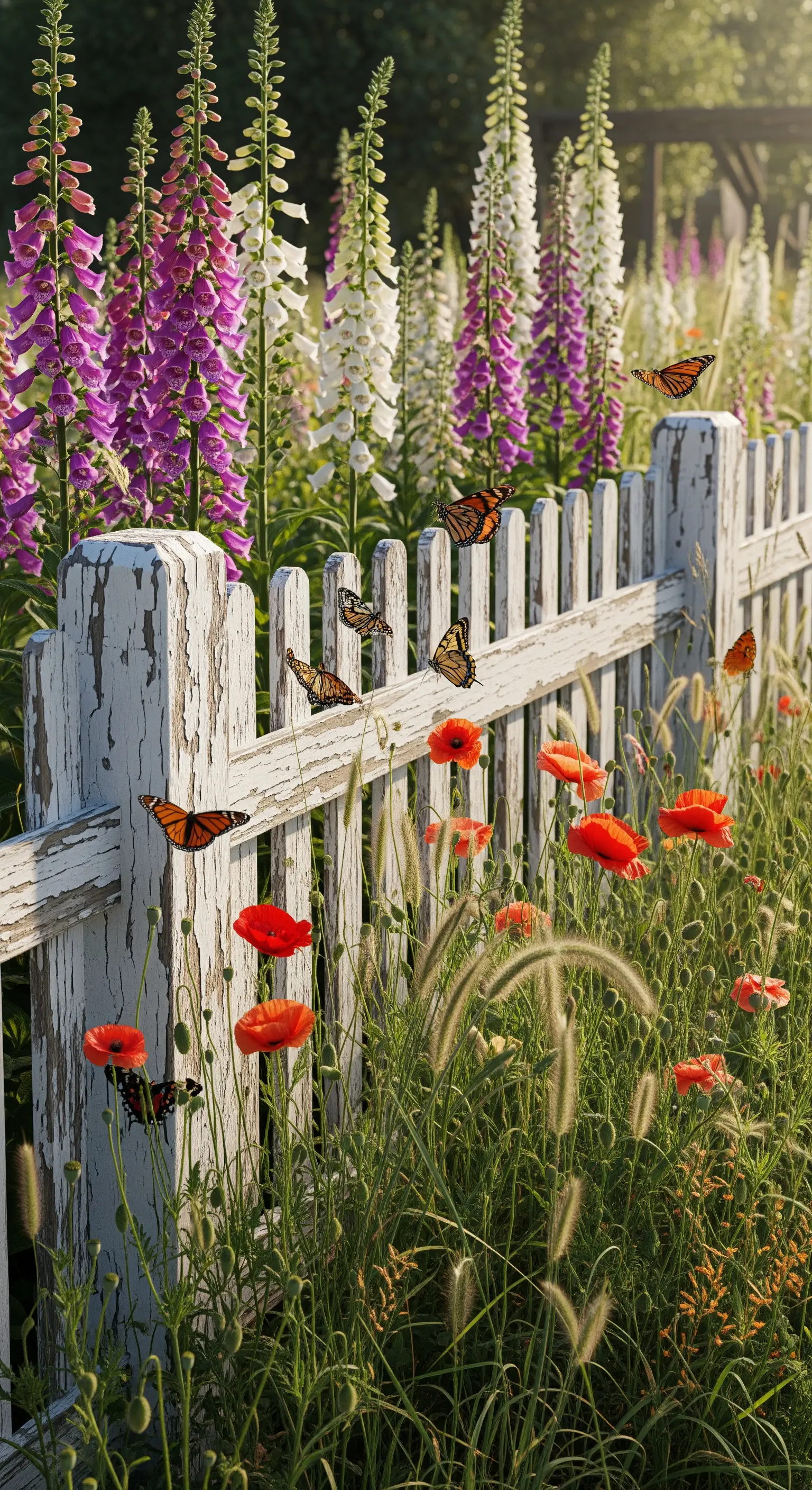 Verwitterter weißer Lattenzaun mit roten Mohnblumen, Fingerhüten und Schmetterlingen