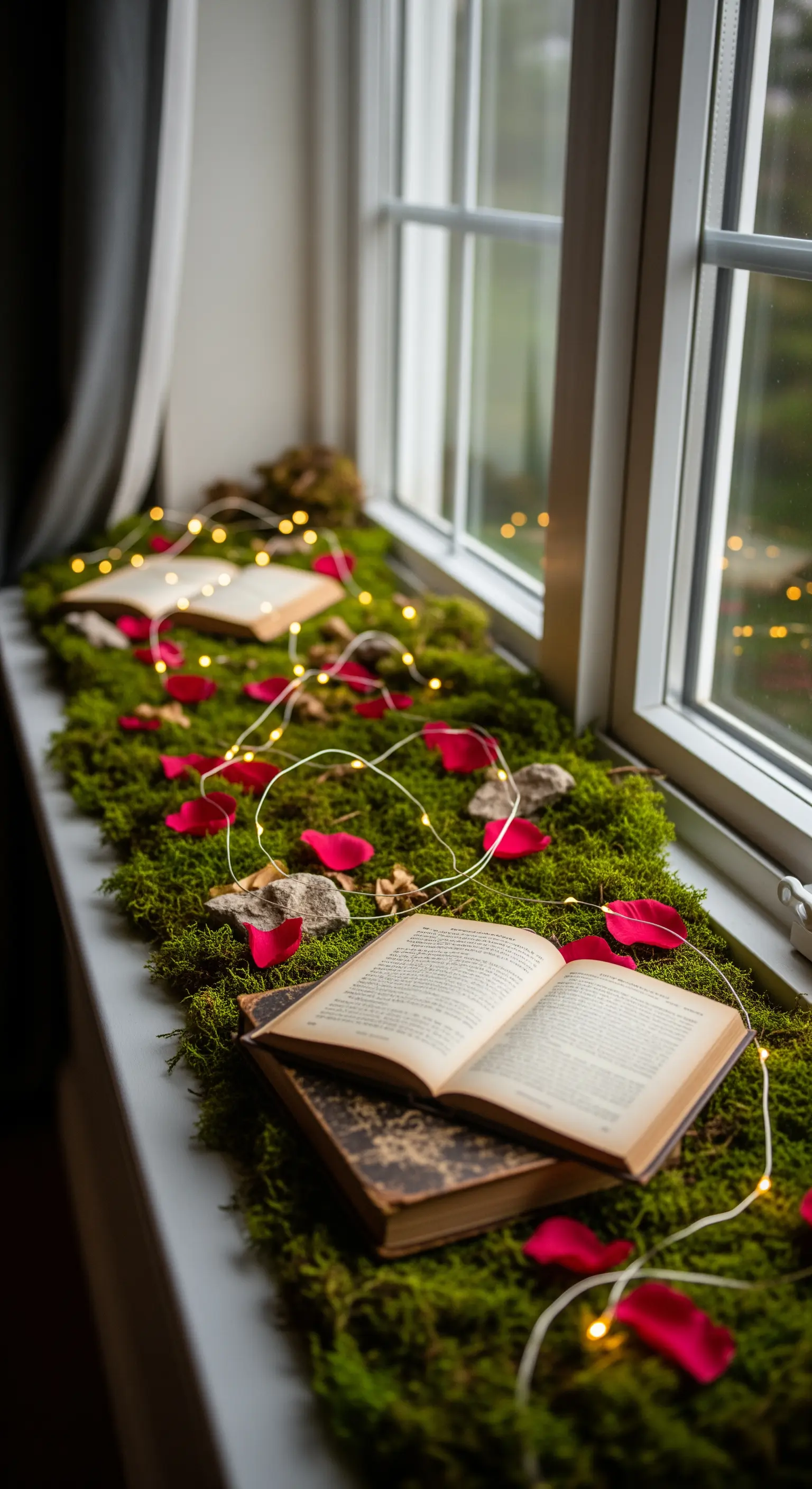 Fensterbank dekoriert mit Moos, offenen Büchern, Rosenblättern und einer warmweißen Lichterkette.