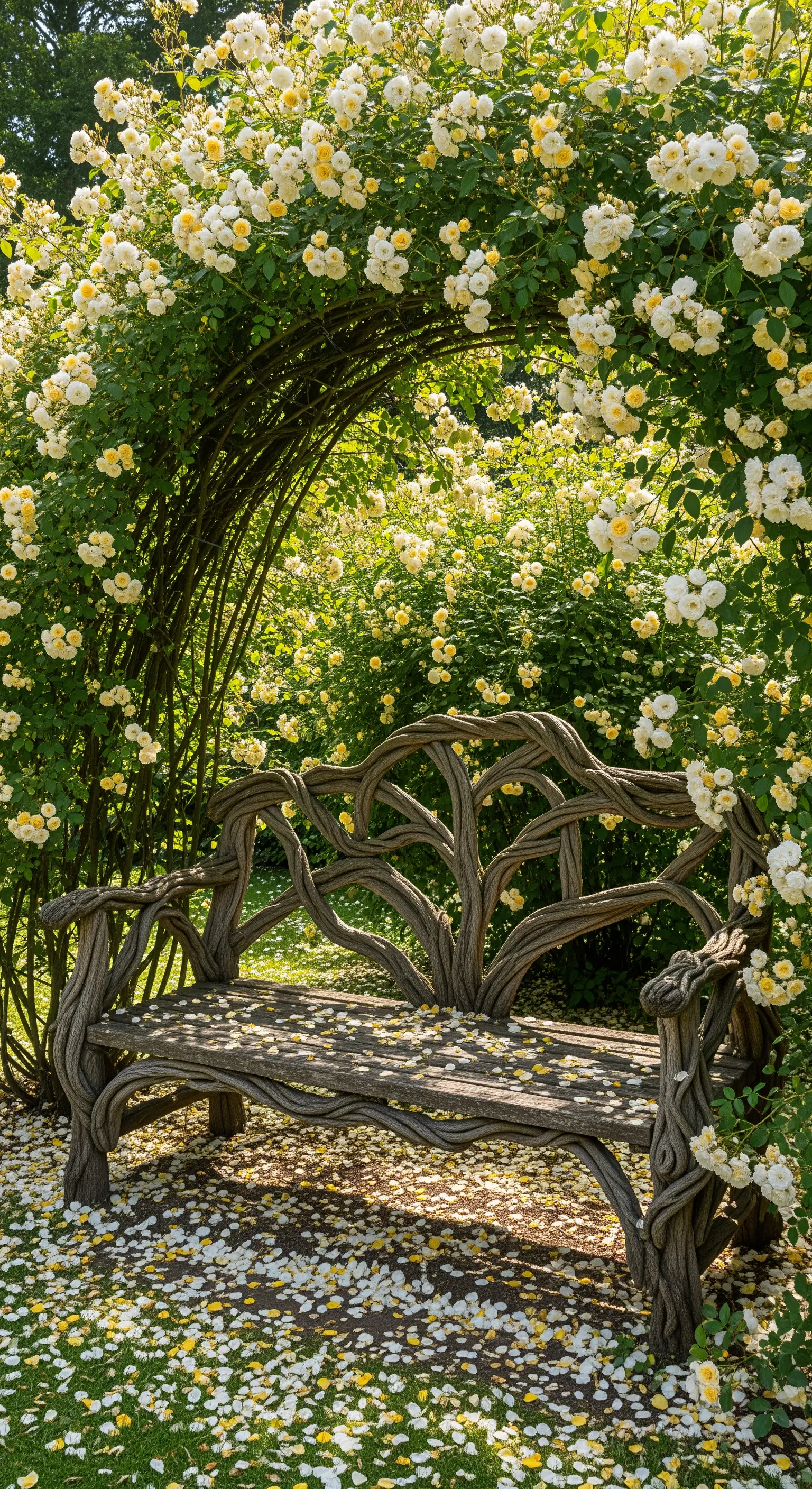Holzbank unter einem Bogen aus gelben Kletterrosen mit Blütenblättern am Boden