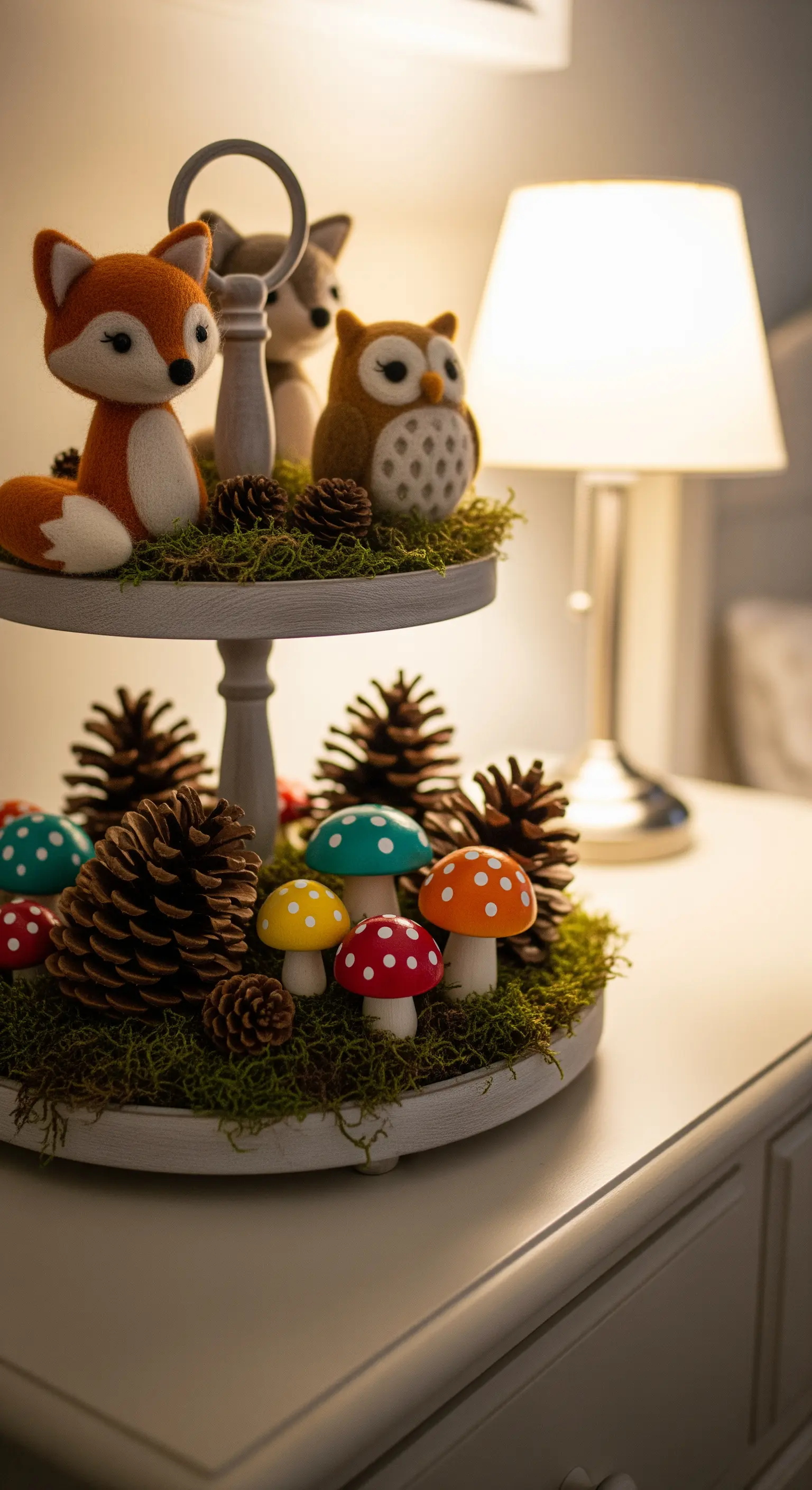 Etagere mit Moos, Filztieren und Holzpilzen als zauberhafte Waldszene