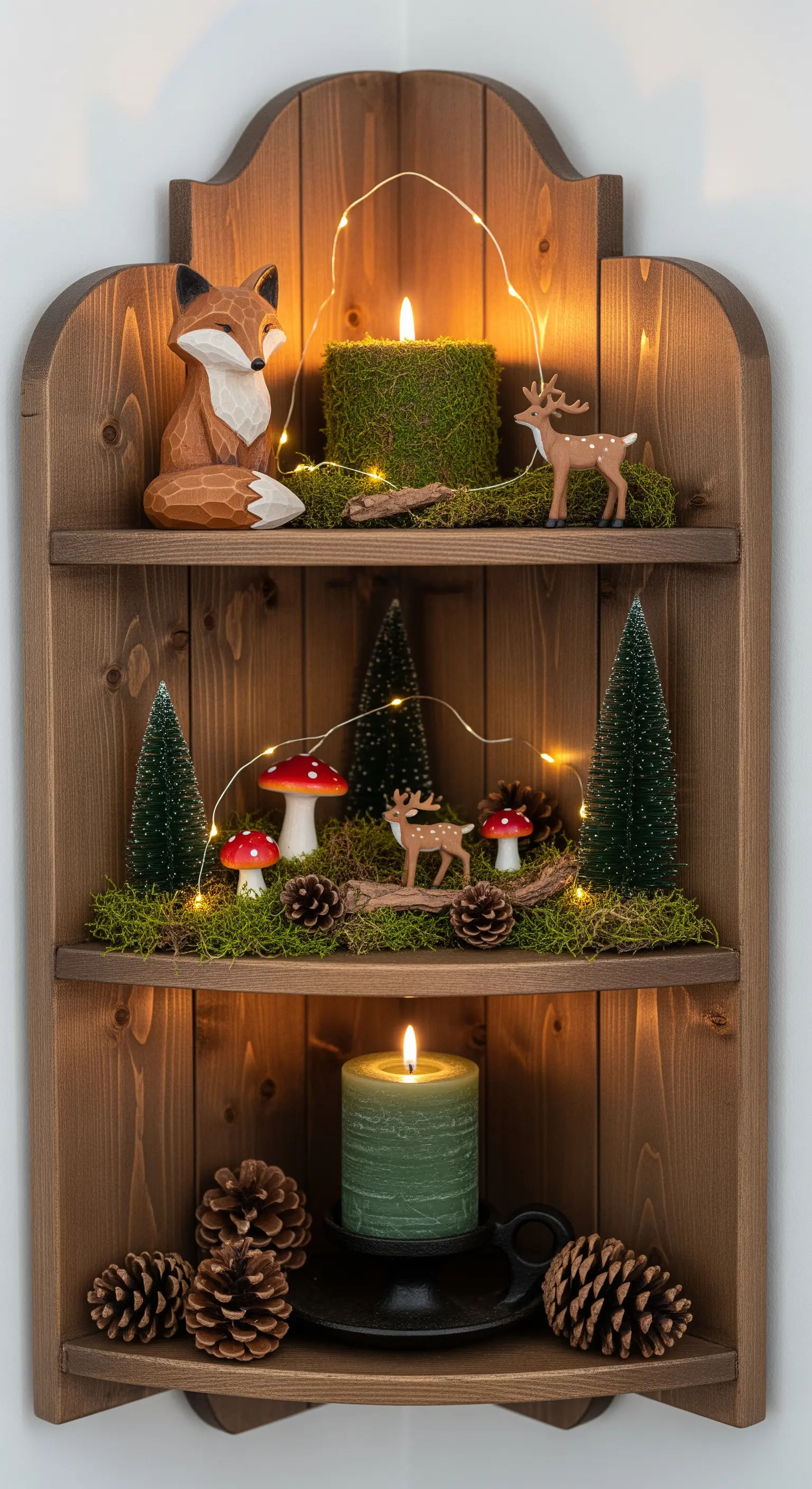 Hölzernes Eckregal mit Moos, Waldtieren, Mini-Bäumen und Lichterkette
