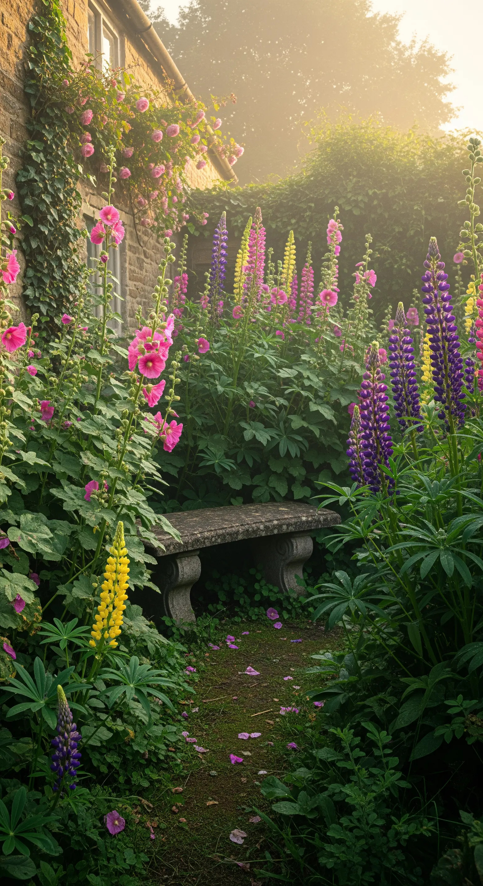 Steinbank am Ende eines Blumenpfades mit Lupinen und Stockrosen im Nebel
