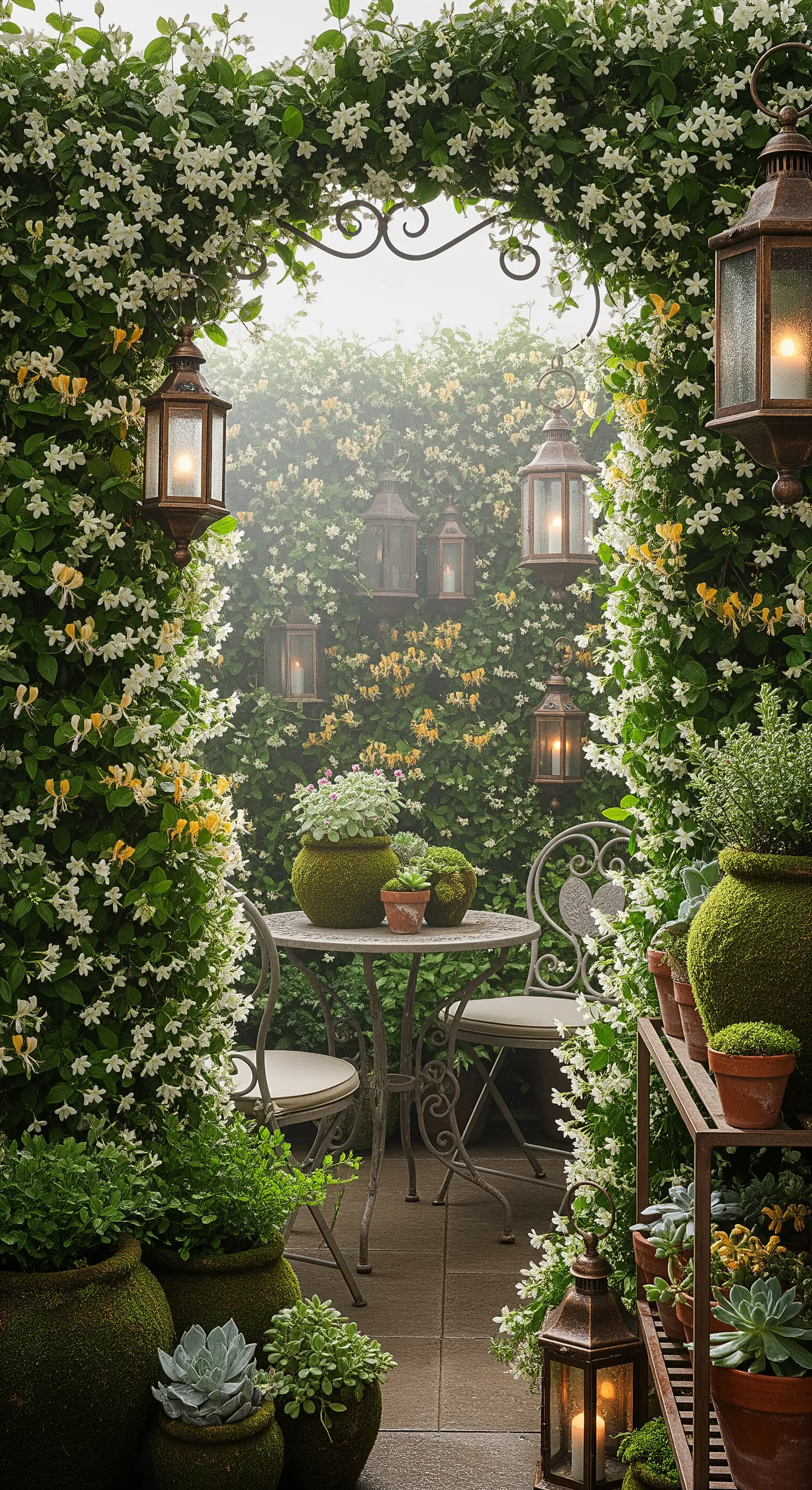 Verwunschener Garten-Balkon mit Rankpflanzen, Laternen und Moos-Akzenten