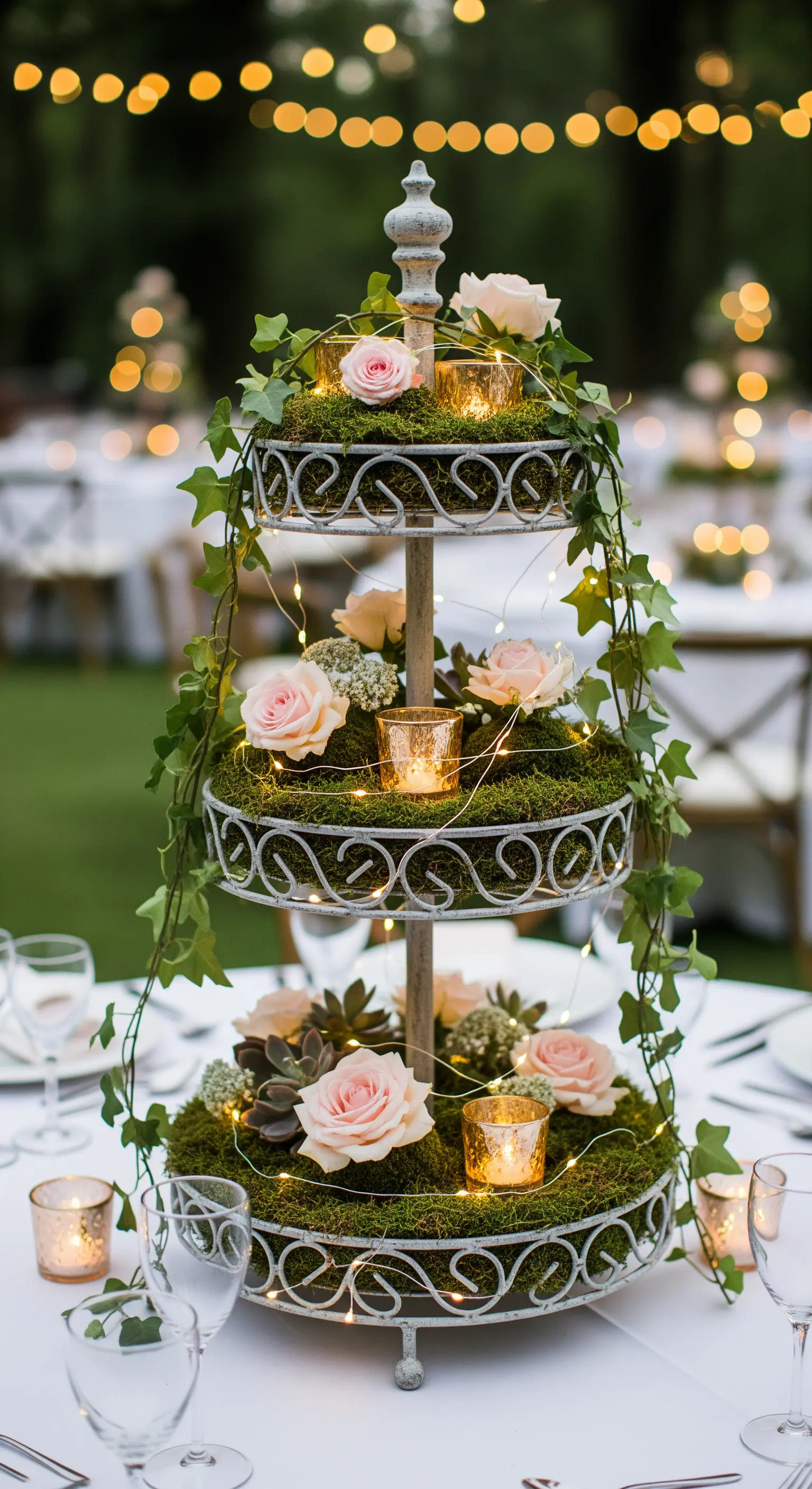 Vintage-Etagere mit Moos, Efeu, Rosen und einer funkelnden Lichterkette.