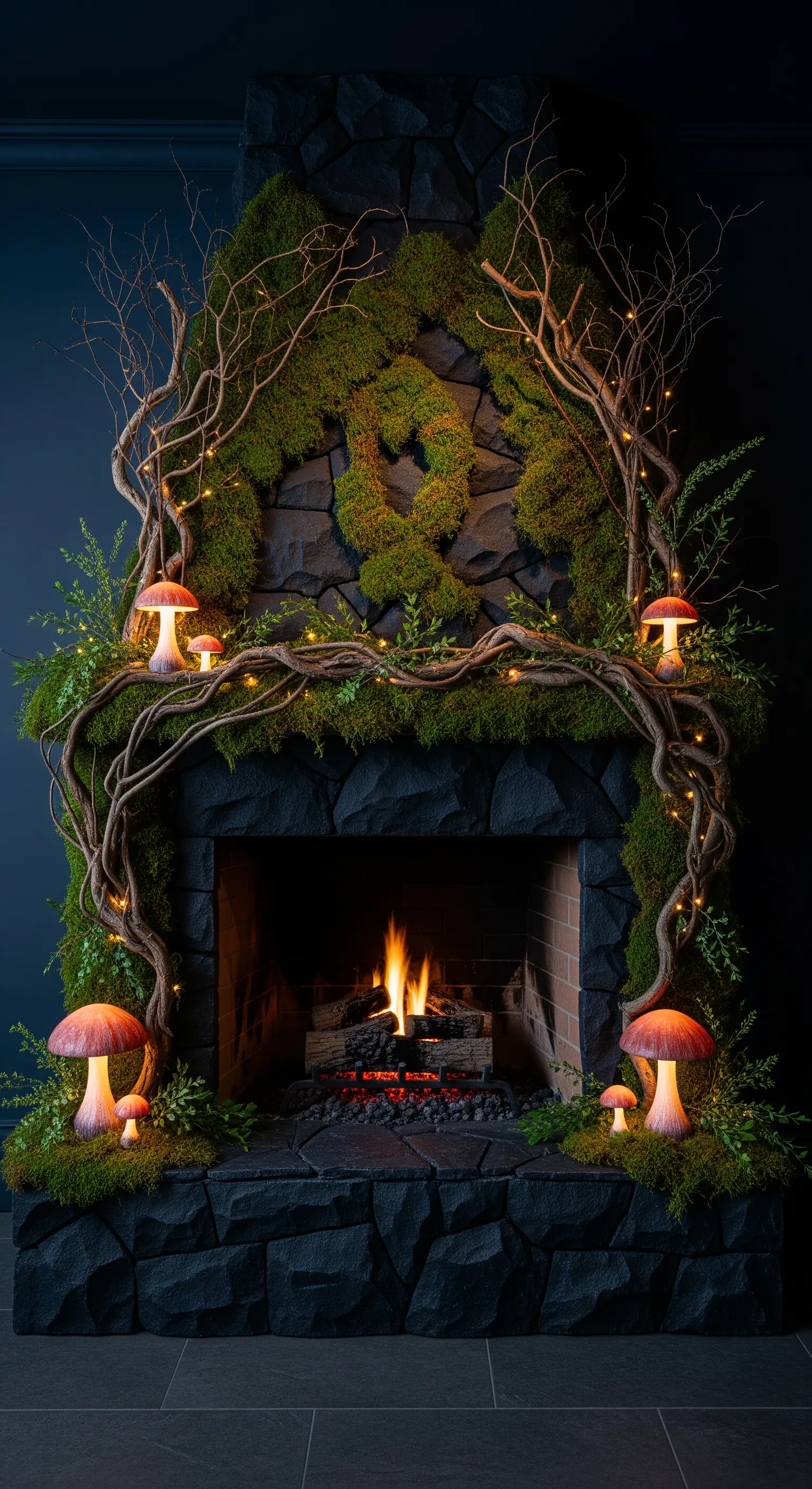 Kamin dekoriert wie ein Märchenwald mit Moos, Ästen und leuchtenden Pilzen.