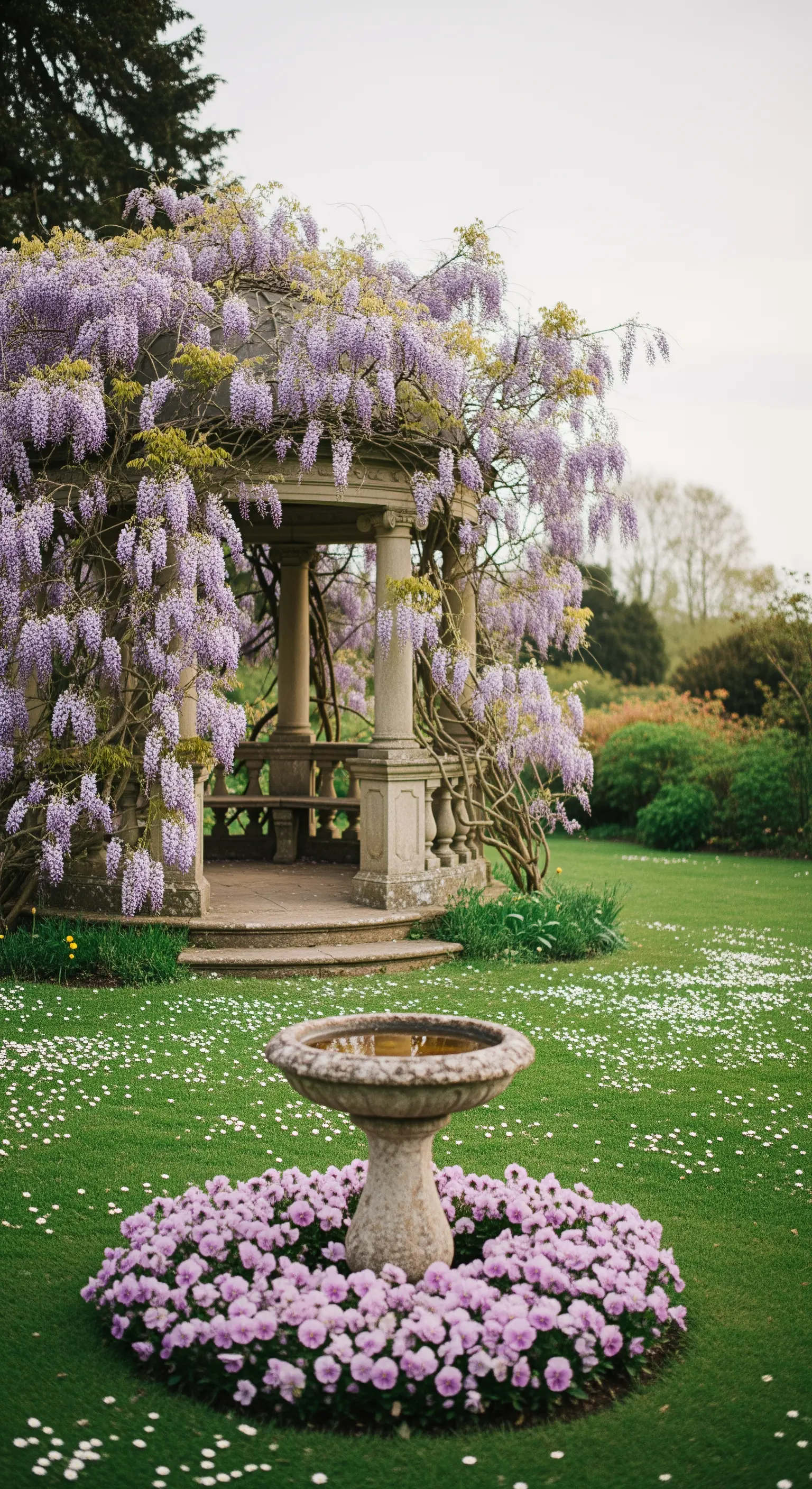 Steinener Pavillon, umrankt von violetten Glyzinien, mit Vogeltränke