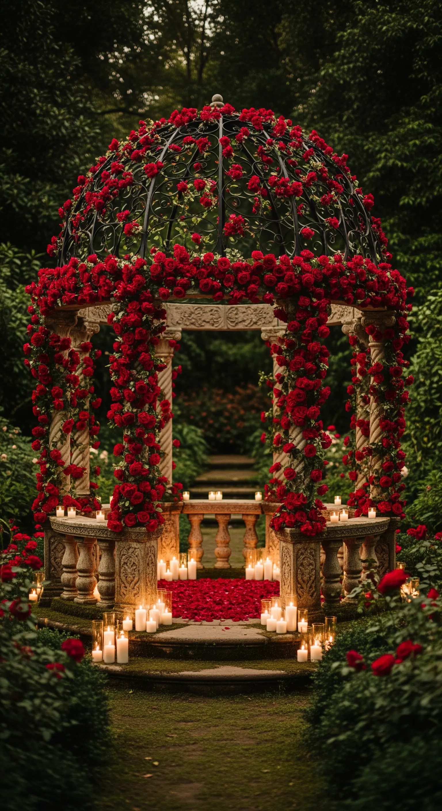 Gartenpavillon mit roten Rosen und Kerzen, umgeben von Rosenblättern