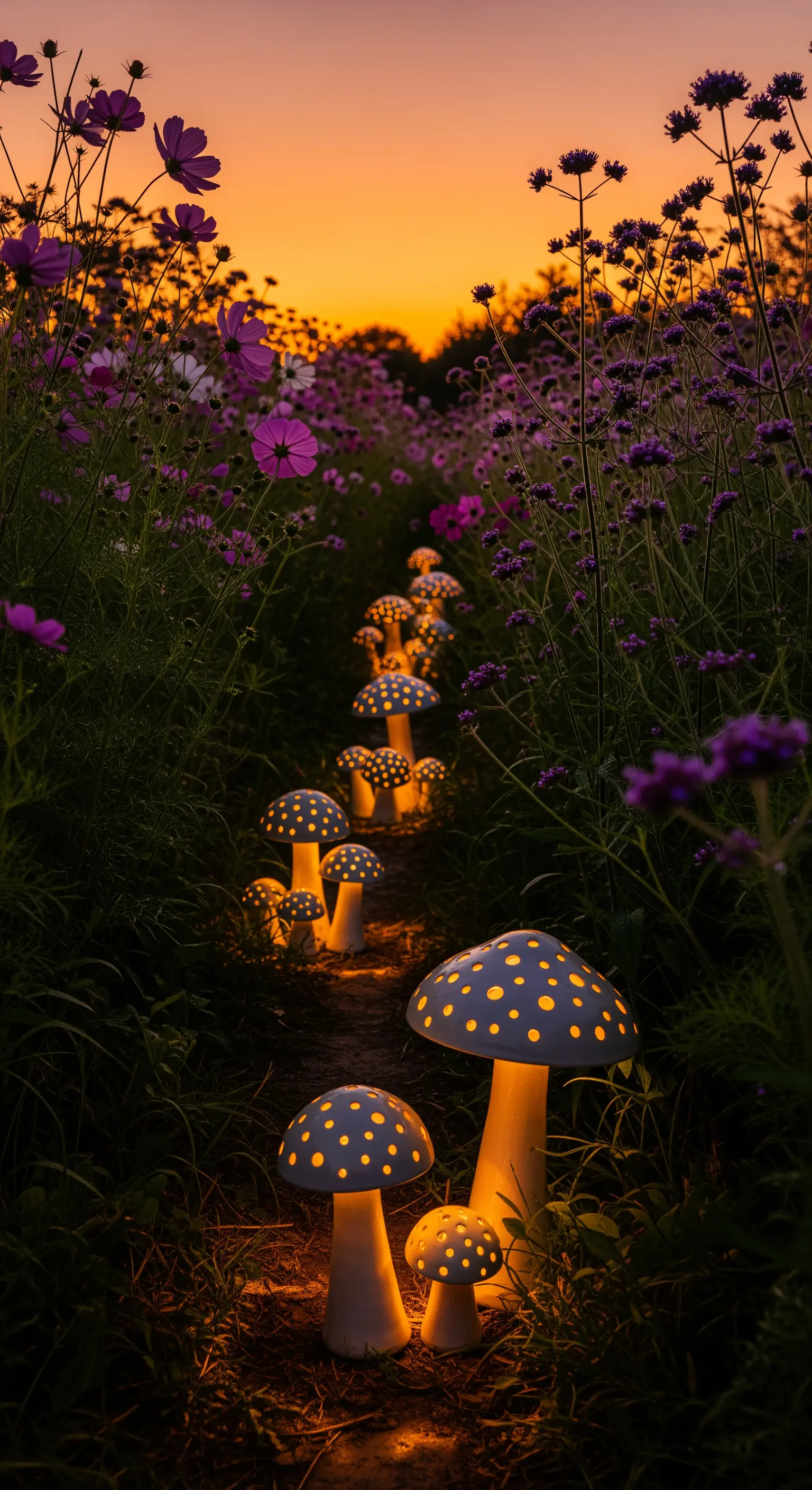 Leuchtende Pilz-Lampen in verschiedenen Größen entlang eines Pfads in einer Wildblumenwiese.