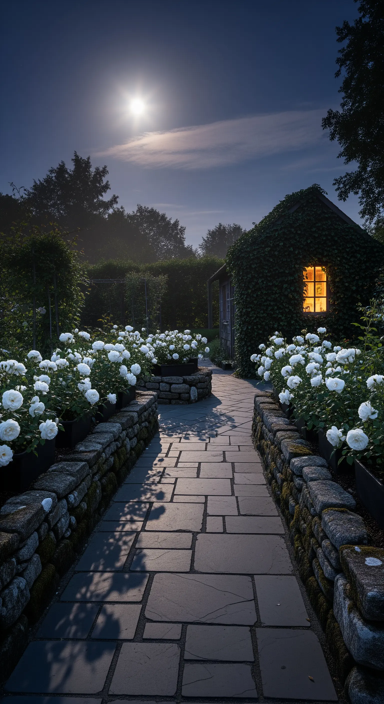Steinweg zwischen weißen Rosen, führt zu Efeuhaus mit beleuchtetem Fenster.