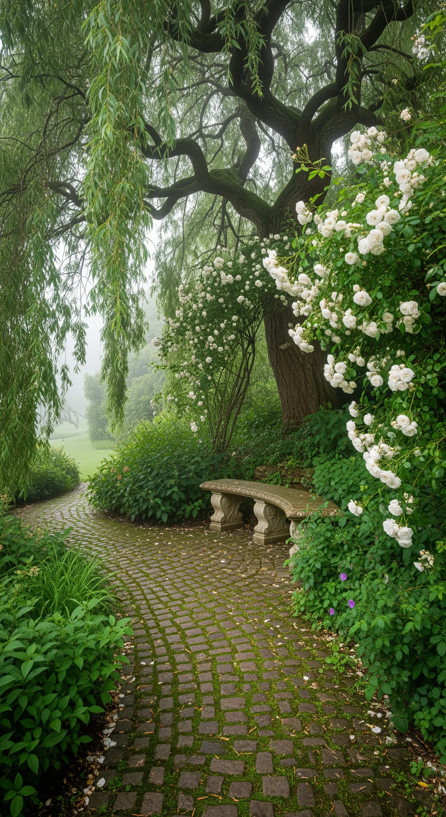 Romantischer Steinpfad mit Bank und weißen Rosen im Nebel