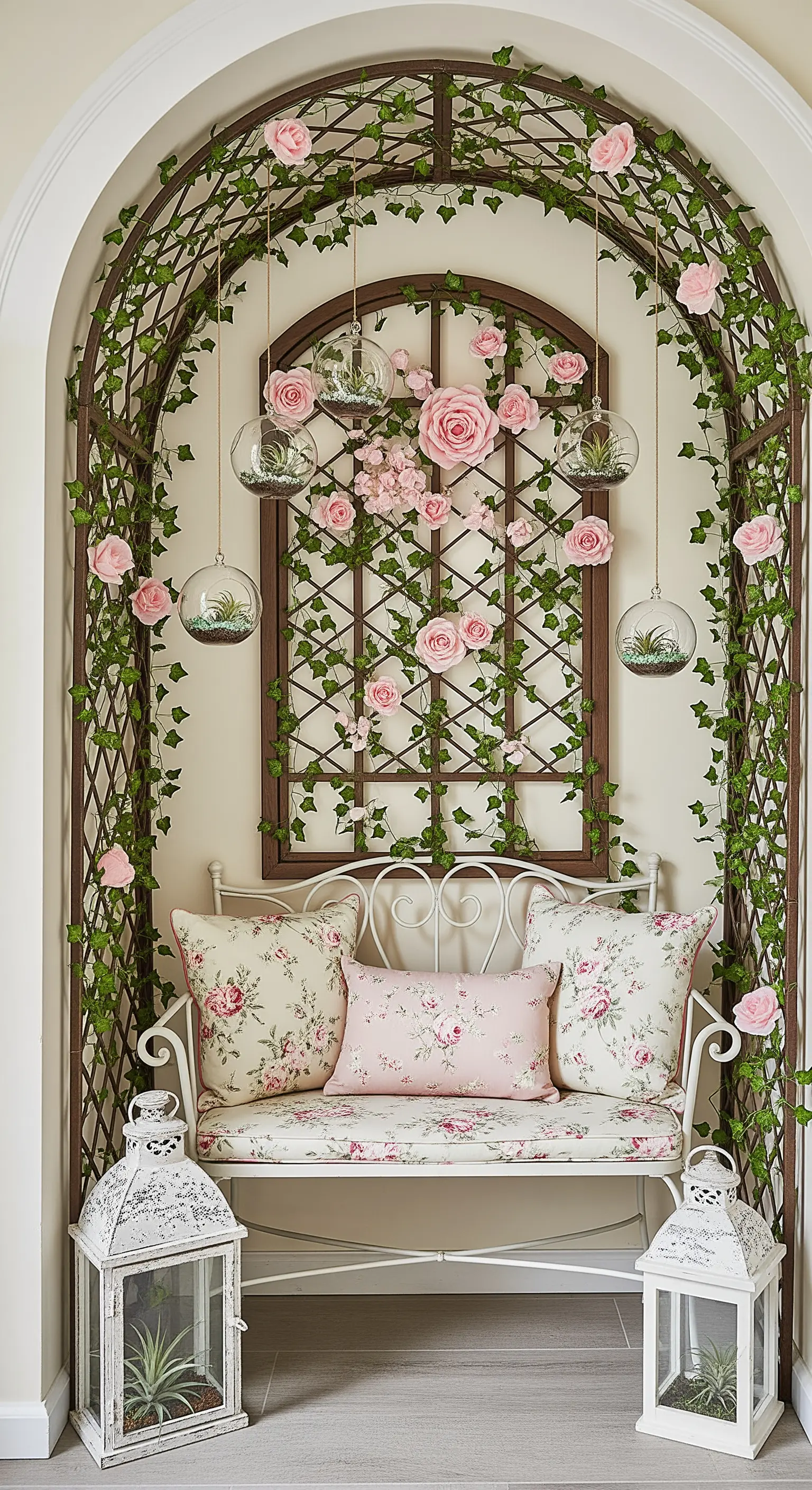 Weiße Gartenbank in einer Nische, eingerahmt von einem mit Efeu und Rosen bewachsenen Bogen.