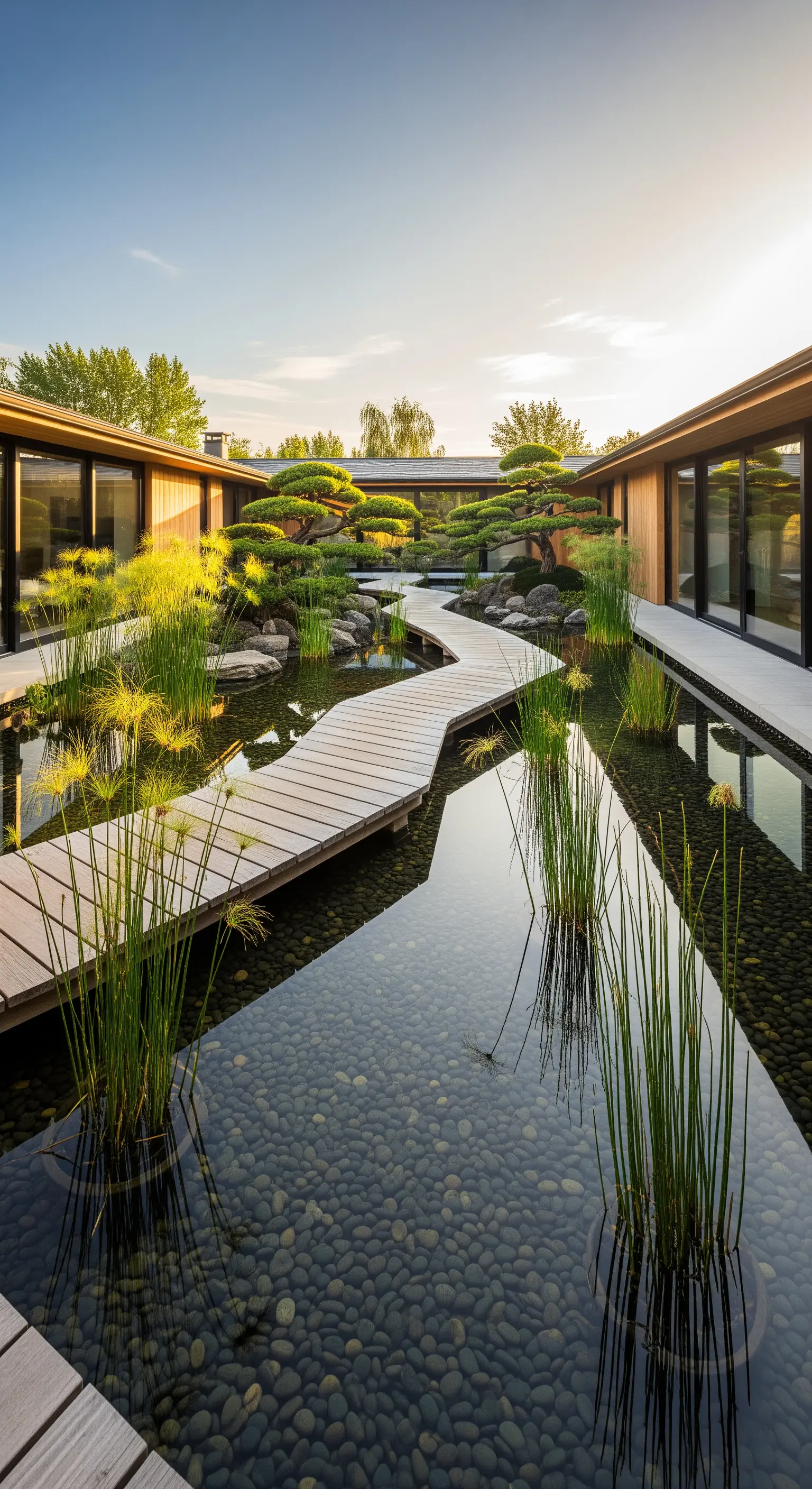 Teich, geschwungene Holzstege, Wasserpflanzen, Kieselboden