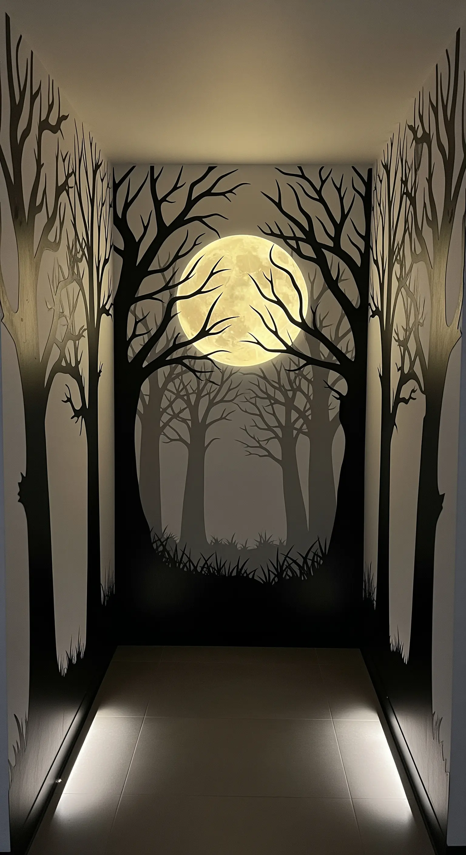 Wandgemälde eines dunklen Waldes mit Vollmond in einem schmalen Flur.