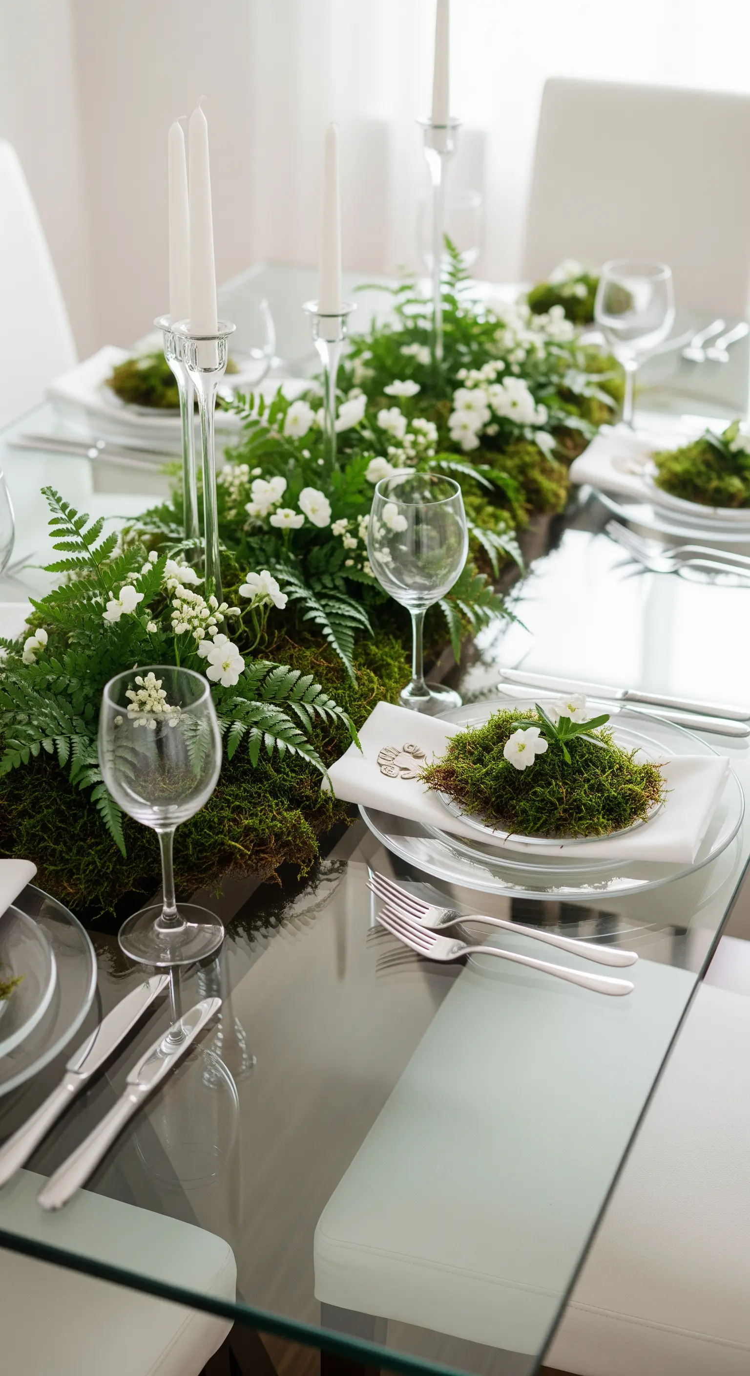 Ostertisch mit einem Läufer aus echtem Moos und Farnen auf einem Glastisch.