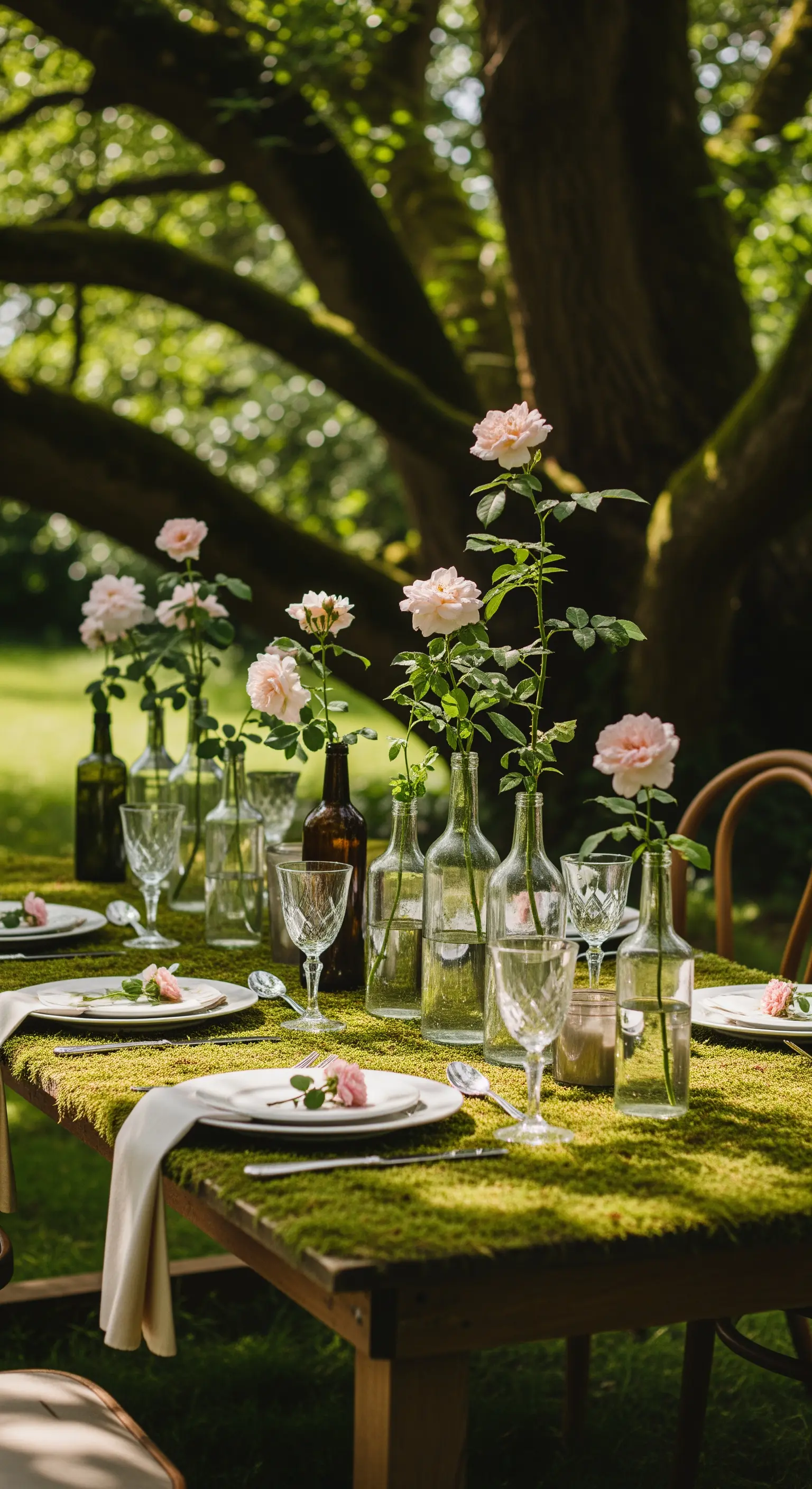 Märchenhafte Tischdeko mit Moos und einzelnen Rosen in Glasflaschen.