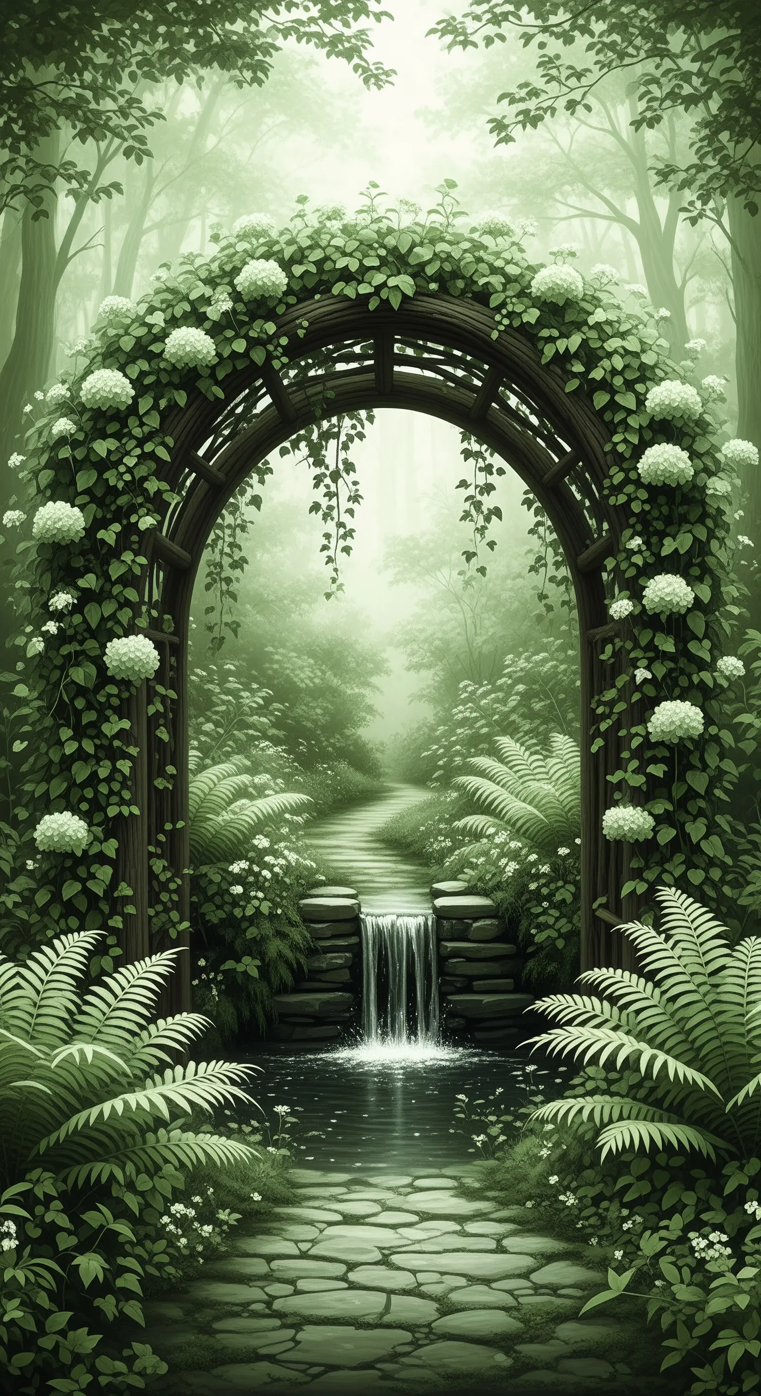 Wald-Torweg, Wasserfall, Hortensien, mystischer Gartenpfad