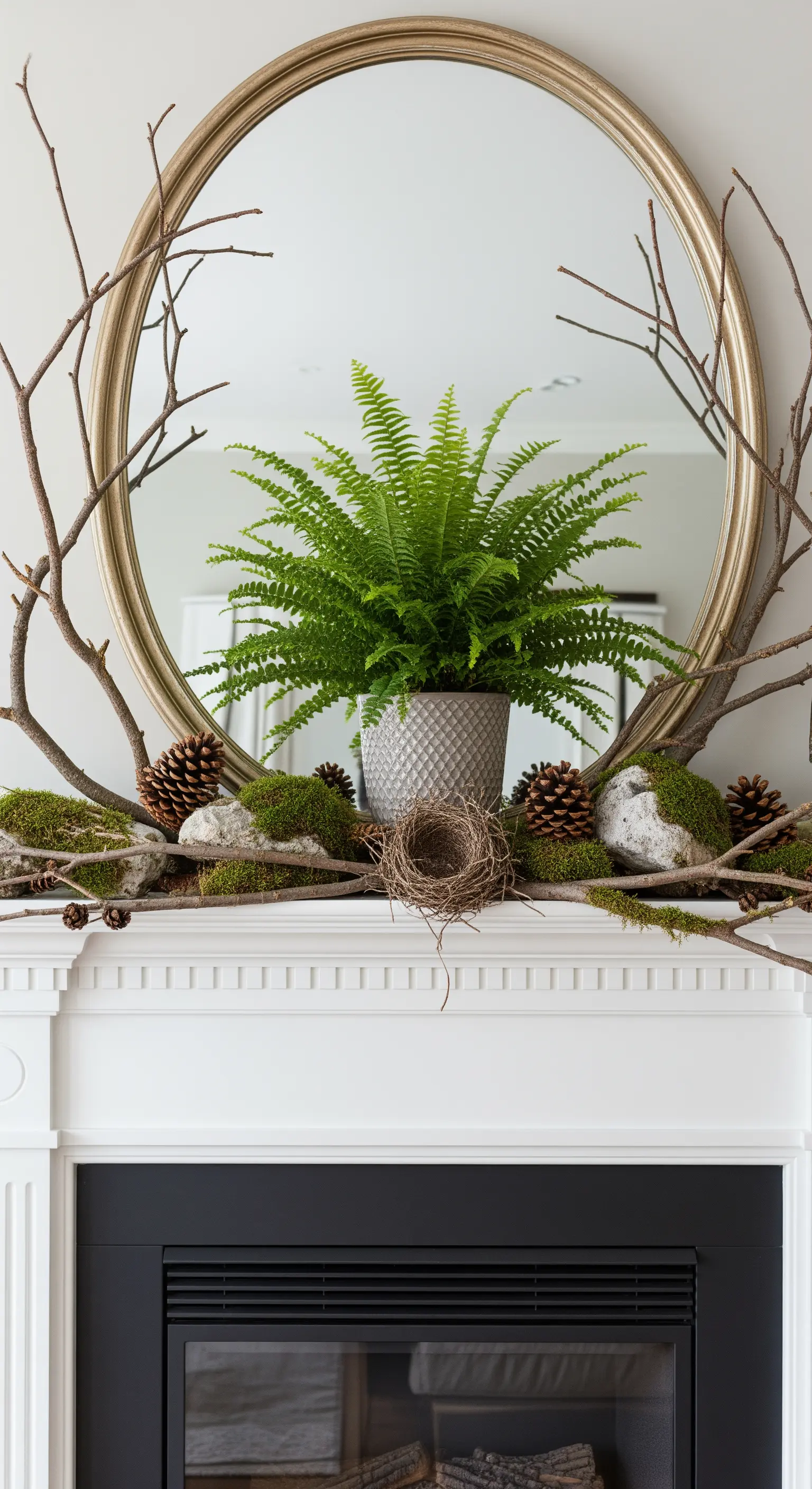 Ein runder Spiegel über dem Kamin, umrahmt von Ästen, Moos und einem Farn in der Mitte