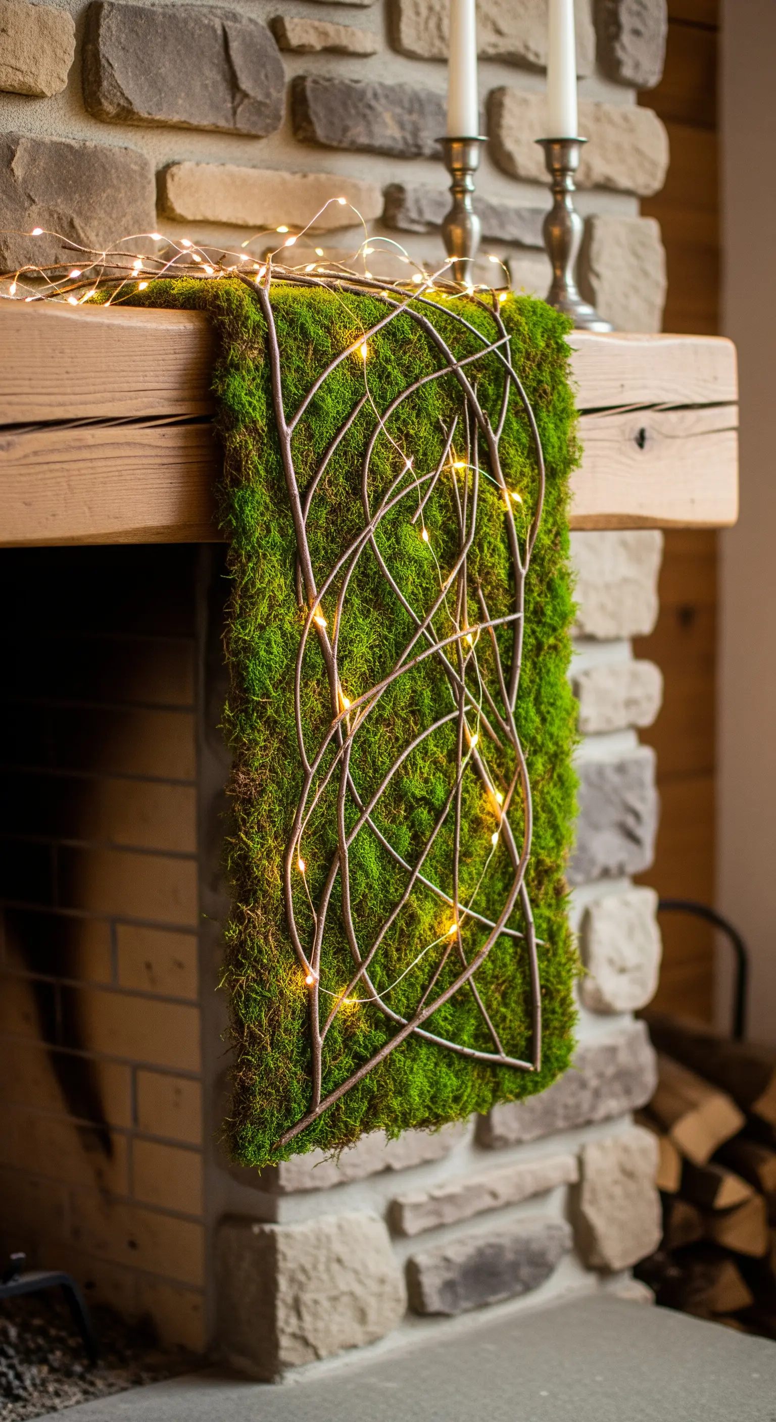Ein Läufer aus Moos und Lichterketten auf einem Holzkamin.