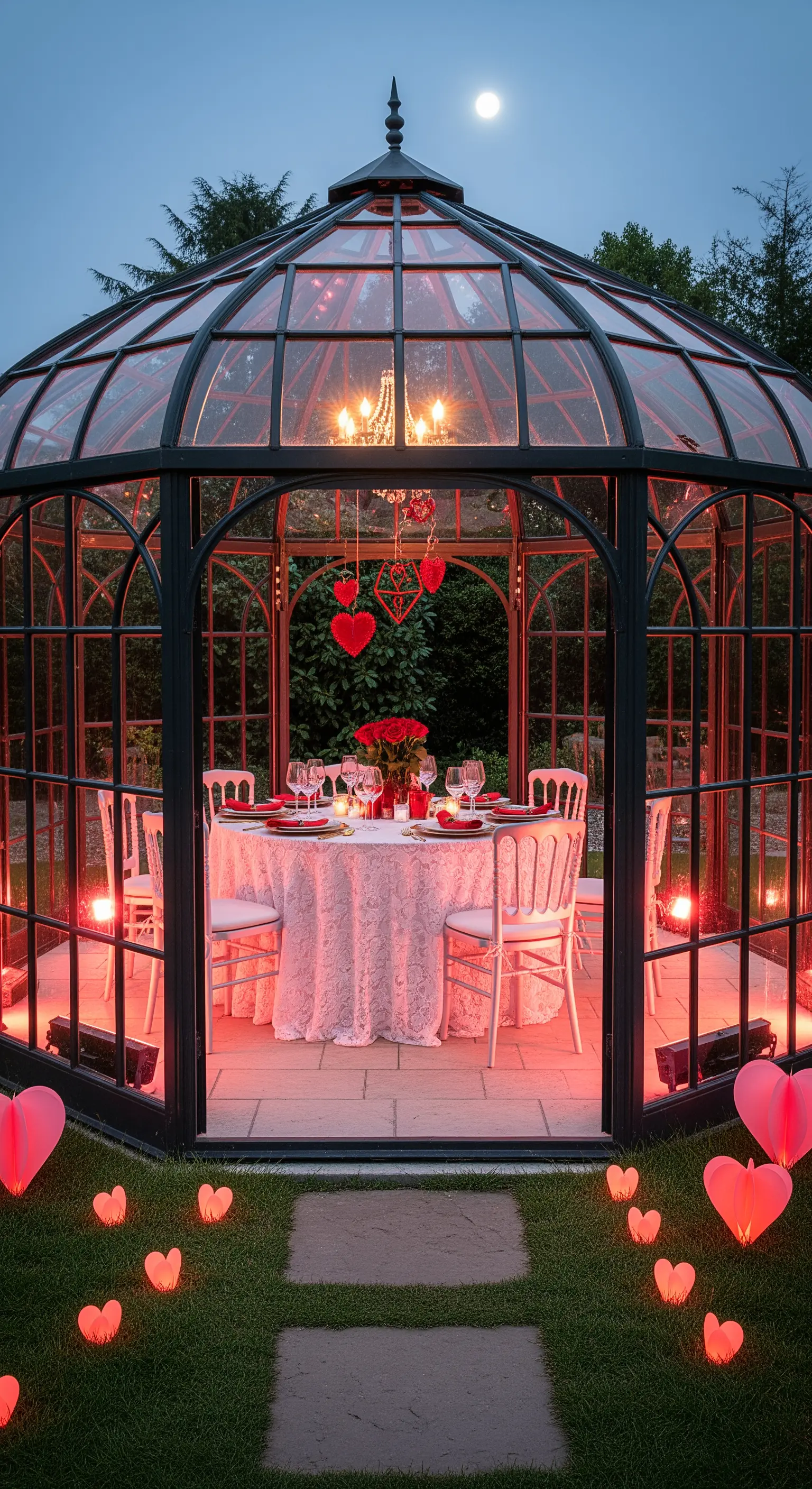 Romantisch beleuchtetes Gewächshaus mit festlichem Tisch und leuchtenden Herzen.