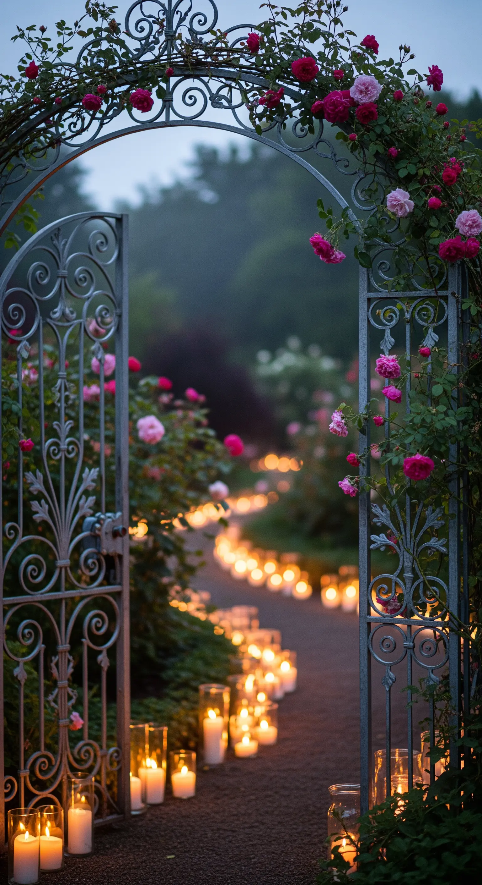 Gartentor mit Rosen, beleuchteter Pfad mit Kerzenlichtern im Nebel