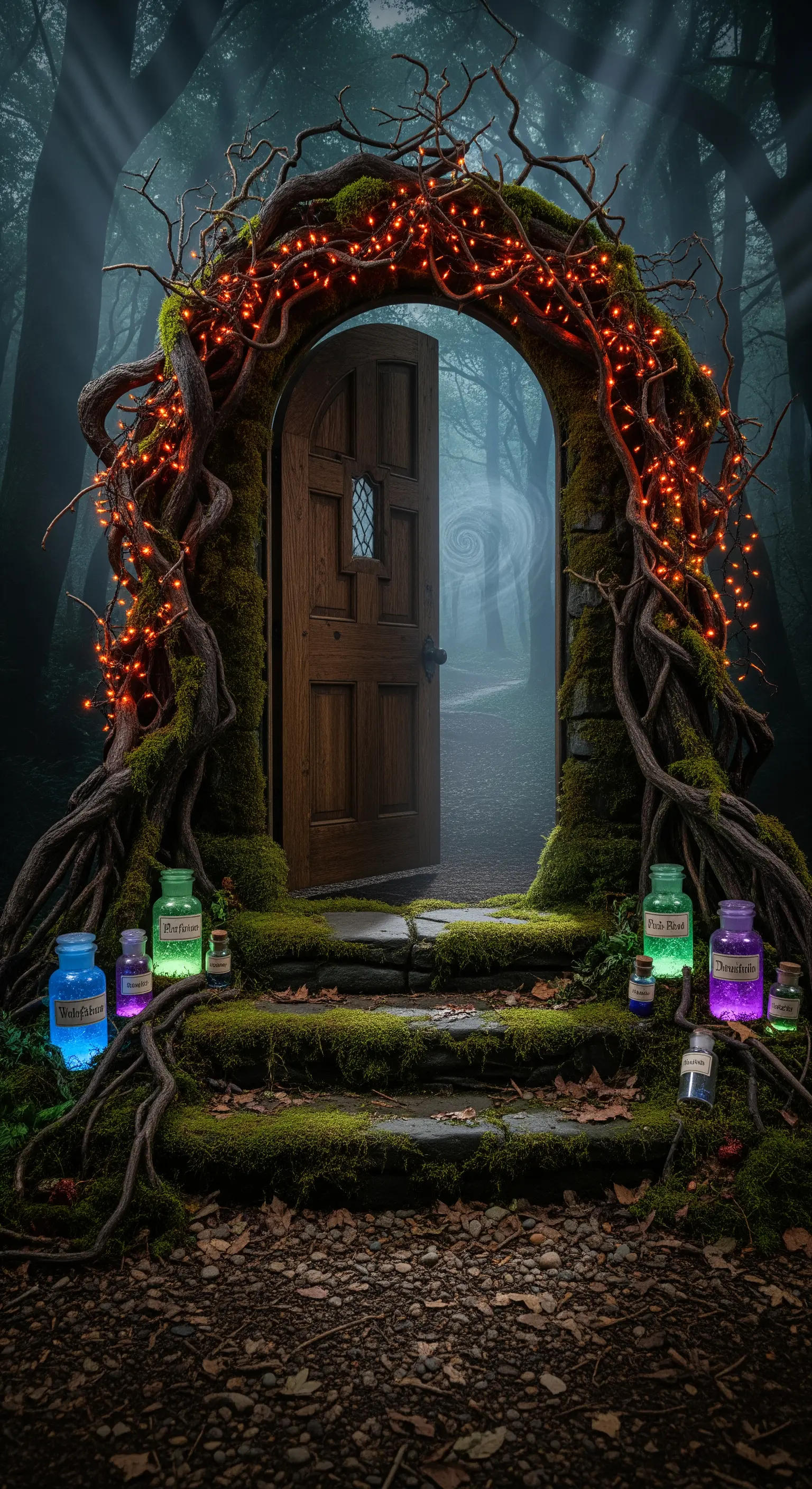 Mystisches moosbewachsenes Portal mit Lichterketten und leuchtenden Zaubertrankflaschen im Wald.