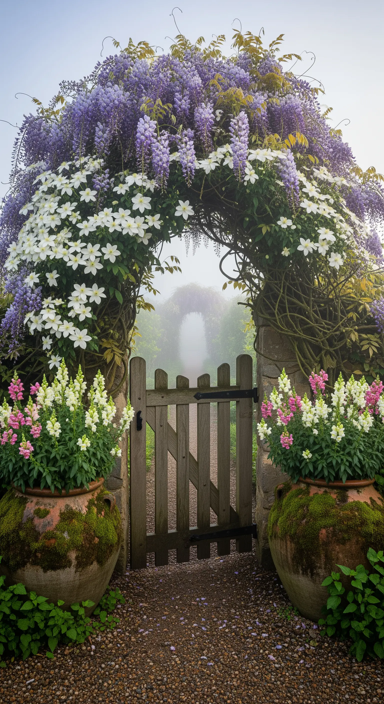 Märchenhafter Gartenbogen voller Blauregen und Clematis über einem Holztor.