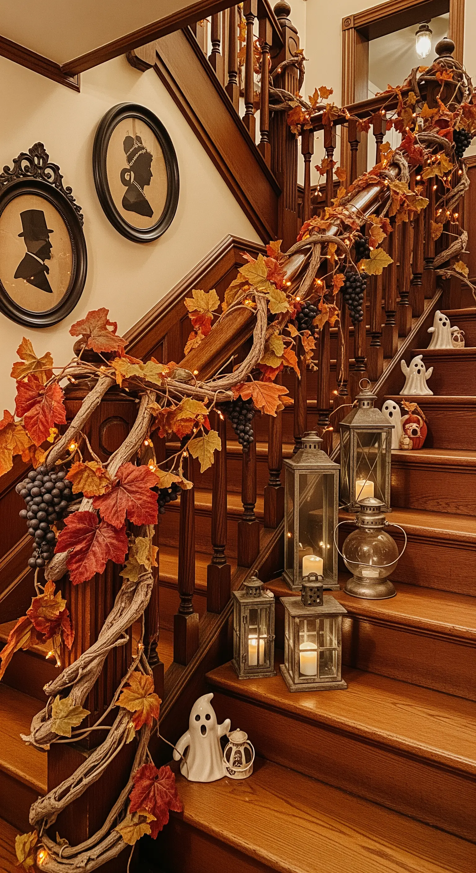 Vintage Halloween Treppenhaus mit Herbstlaub, Laternen, Geisterfiguren und Silhouetten.