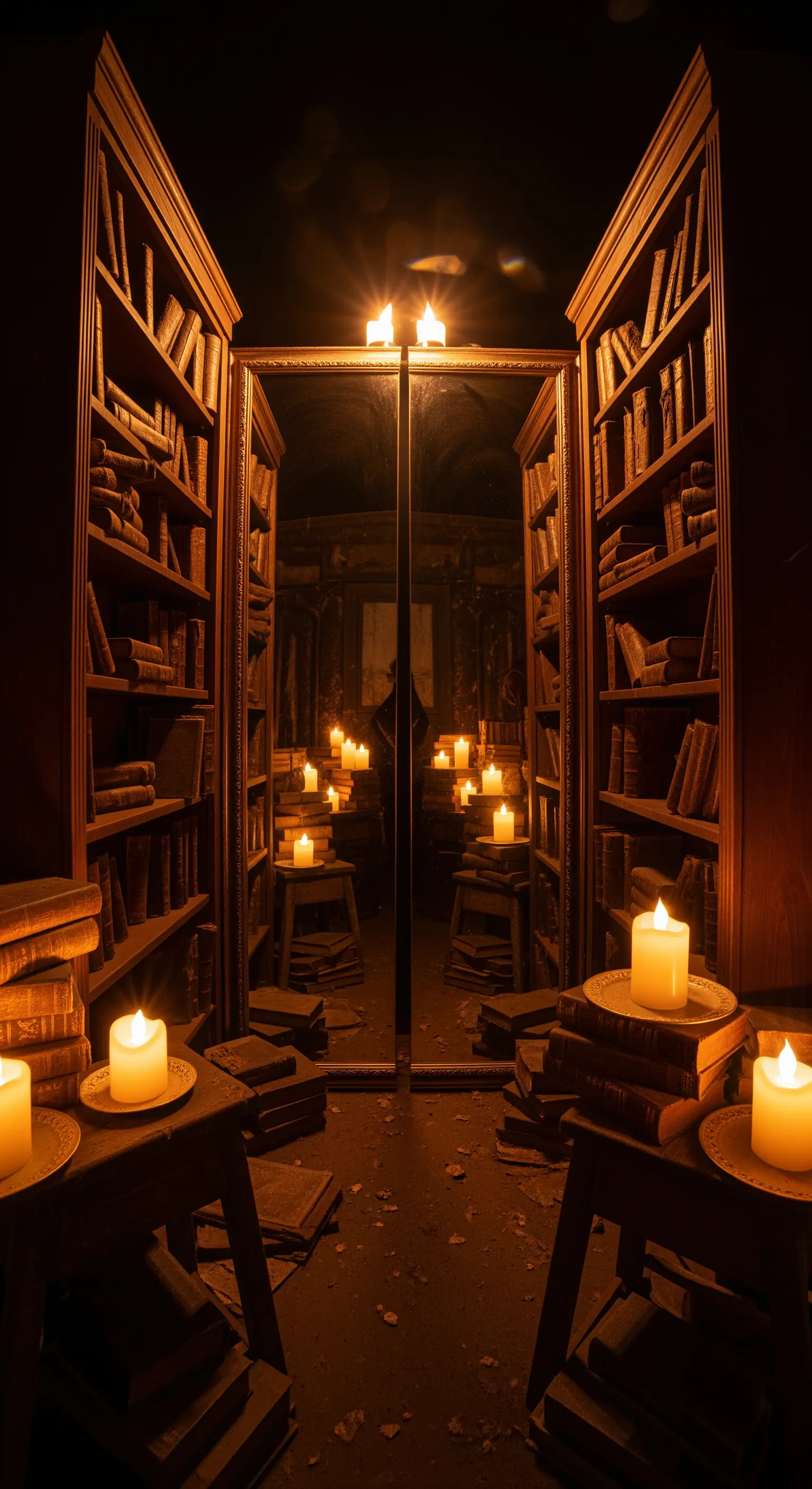 Bücherregale mit zentralem Spiegel und zahlreichen LED-Kerzen für eine Bibliothek-Illusion