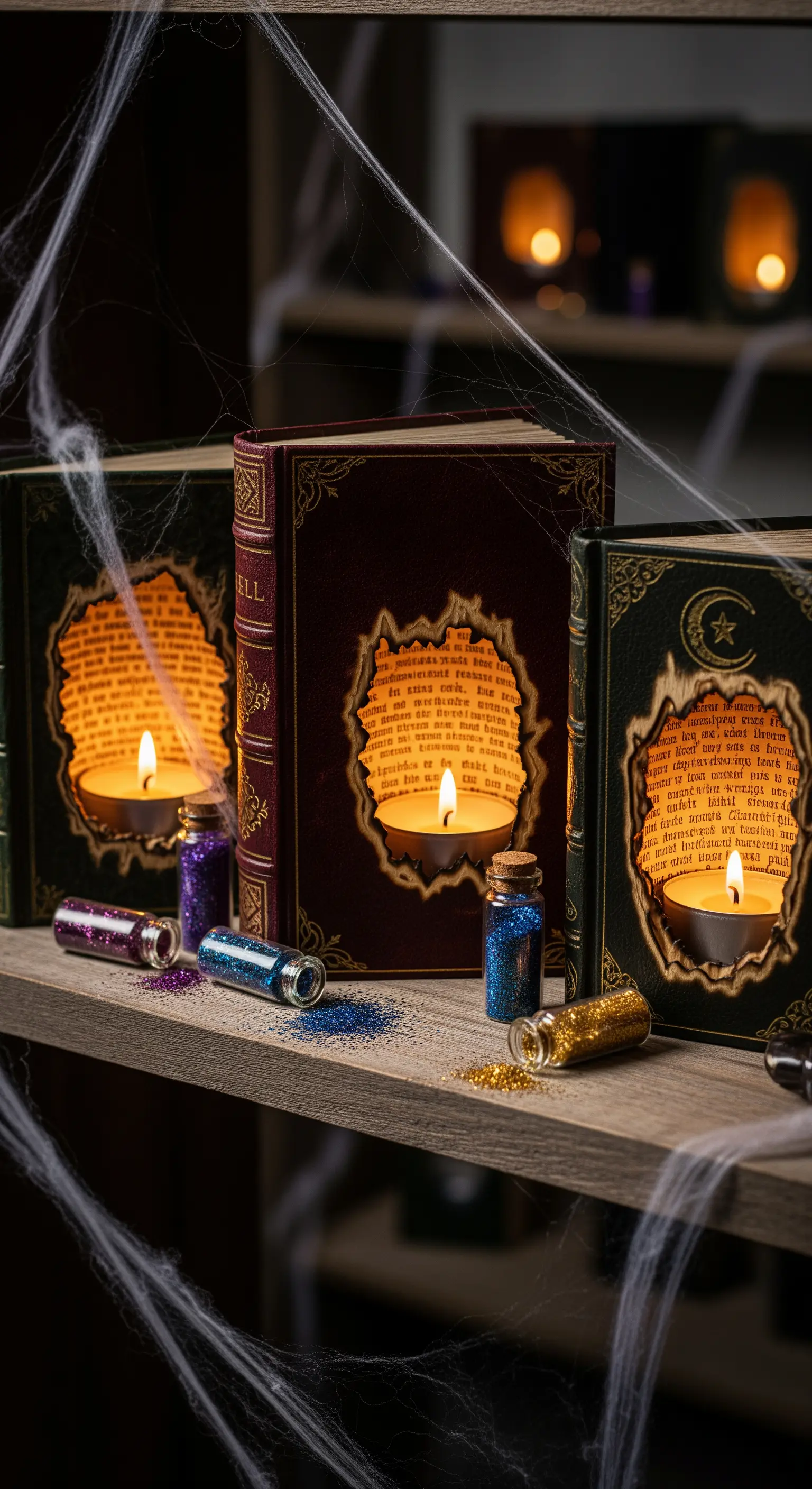 Regal Deko mit Büchern, die als Kerzenhalter dienen, Glitter und Spinnweben