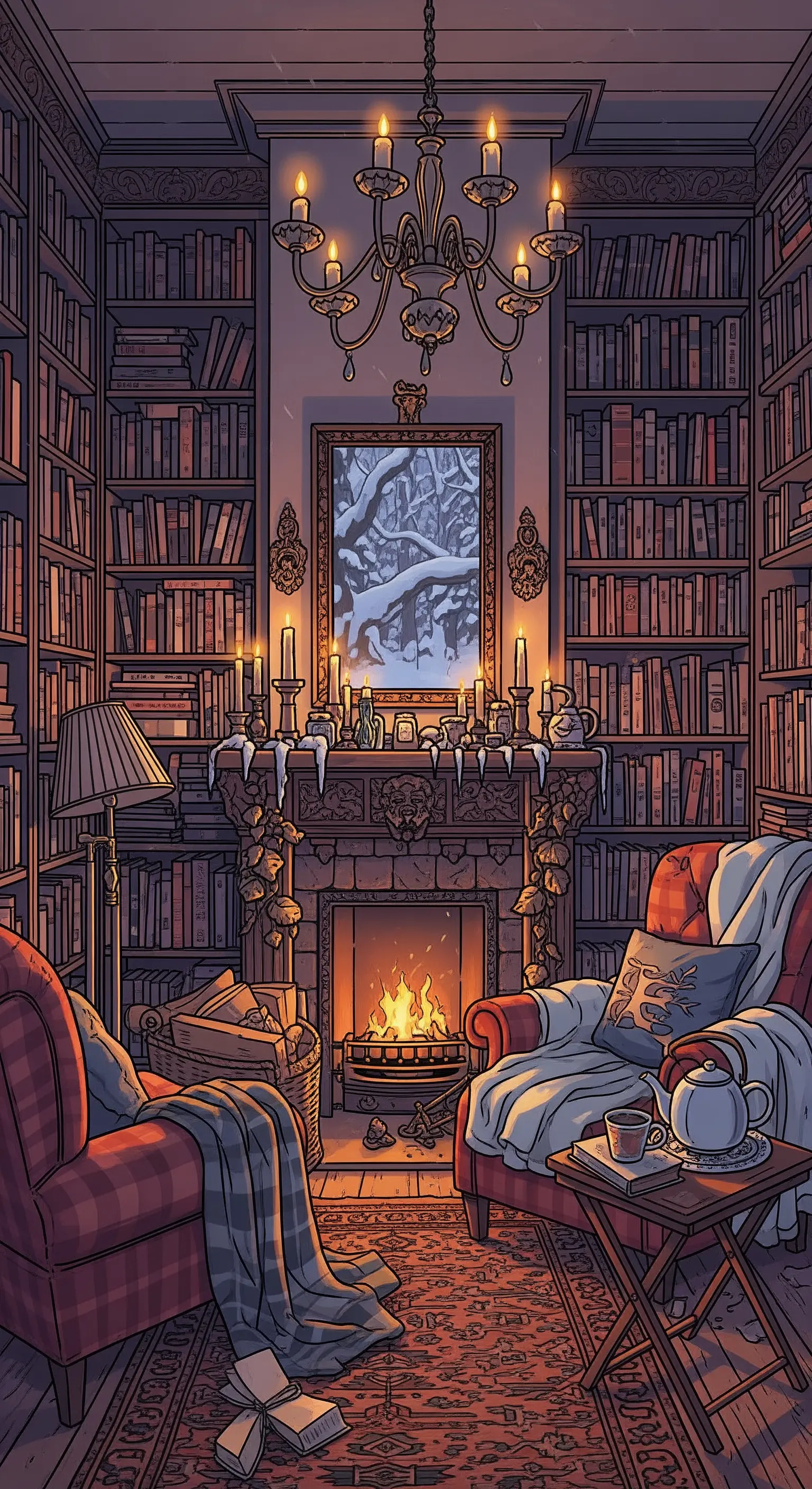 Illustrierte Bibliothek mit Kamin, vielen Kerzen und Büchern, verzauberte Lesestimmung.