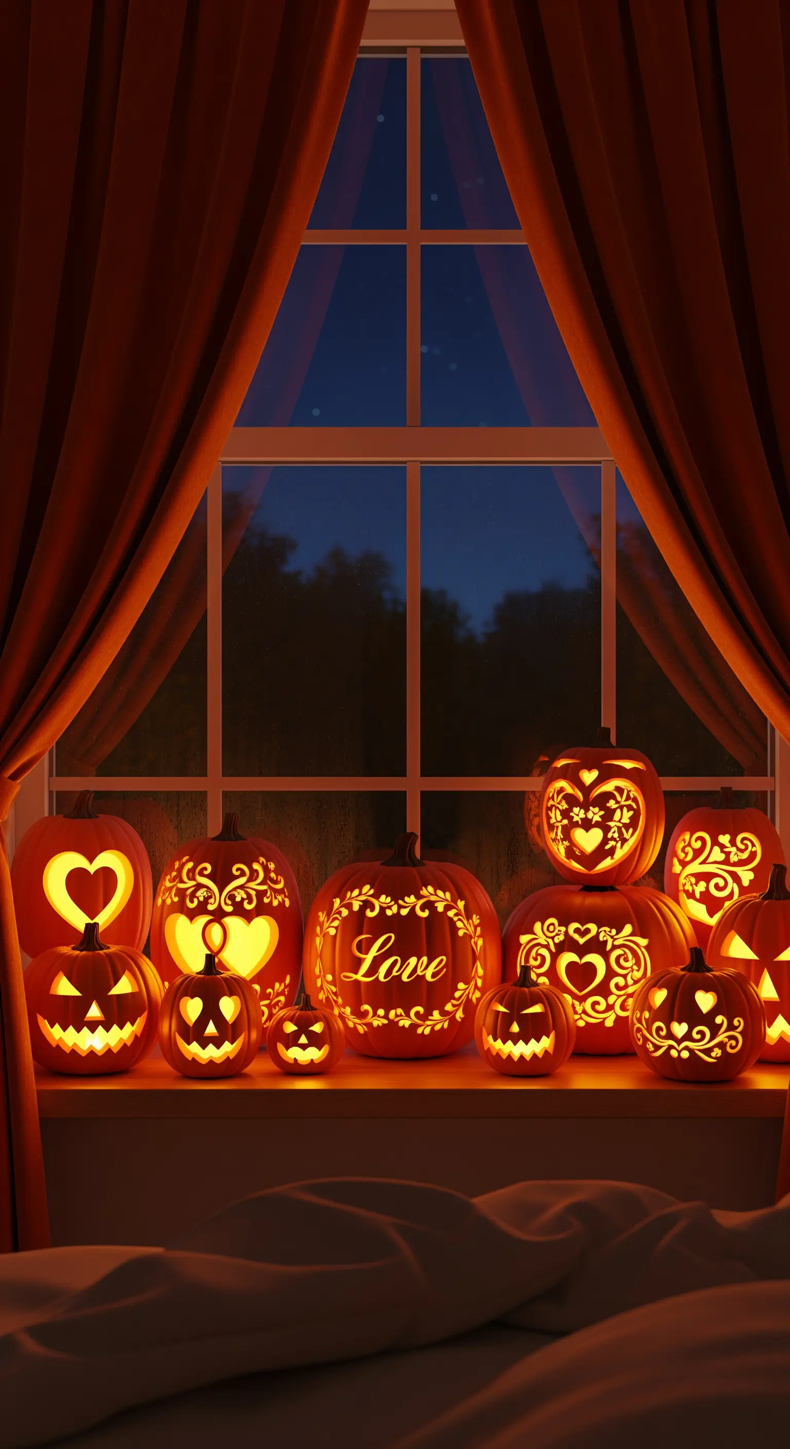 Fensterbank mit leuchtenden, geschnitzten Kürbissen in Herzform und 'Love'-Schriftzug