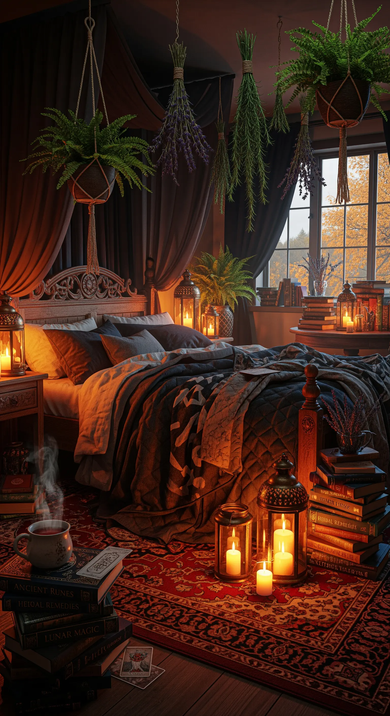 Schlafzimmer im Hexenhütten-Stil mit Teppich, Laternen, Büchern und hängenden Kräutern