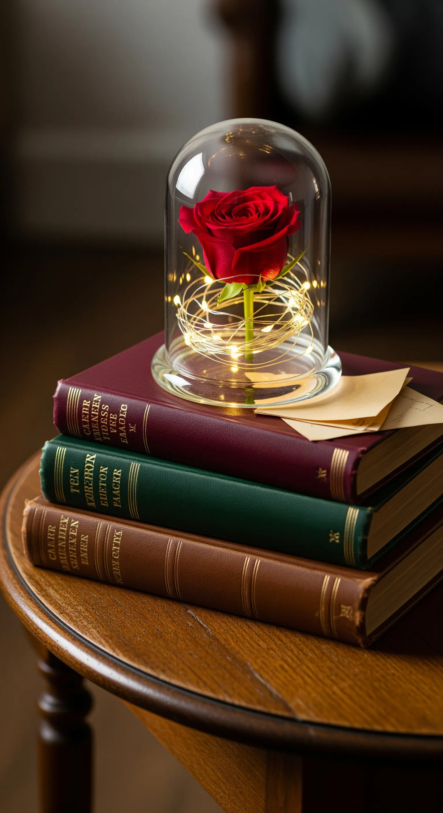 Rote Rose unter einer Glasglocke mit Lichterkette, auf einem Stapel Vintage-Bücher.