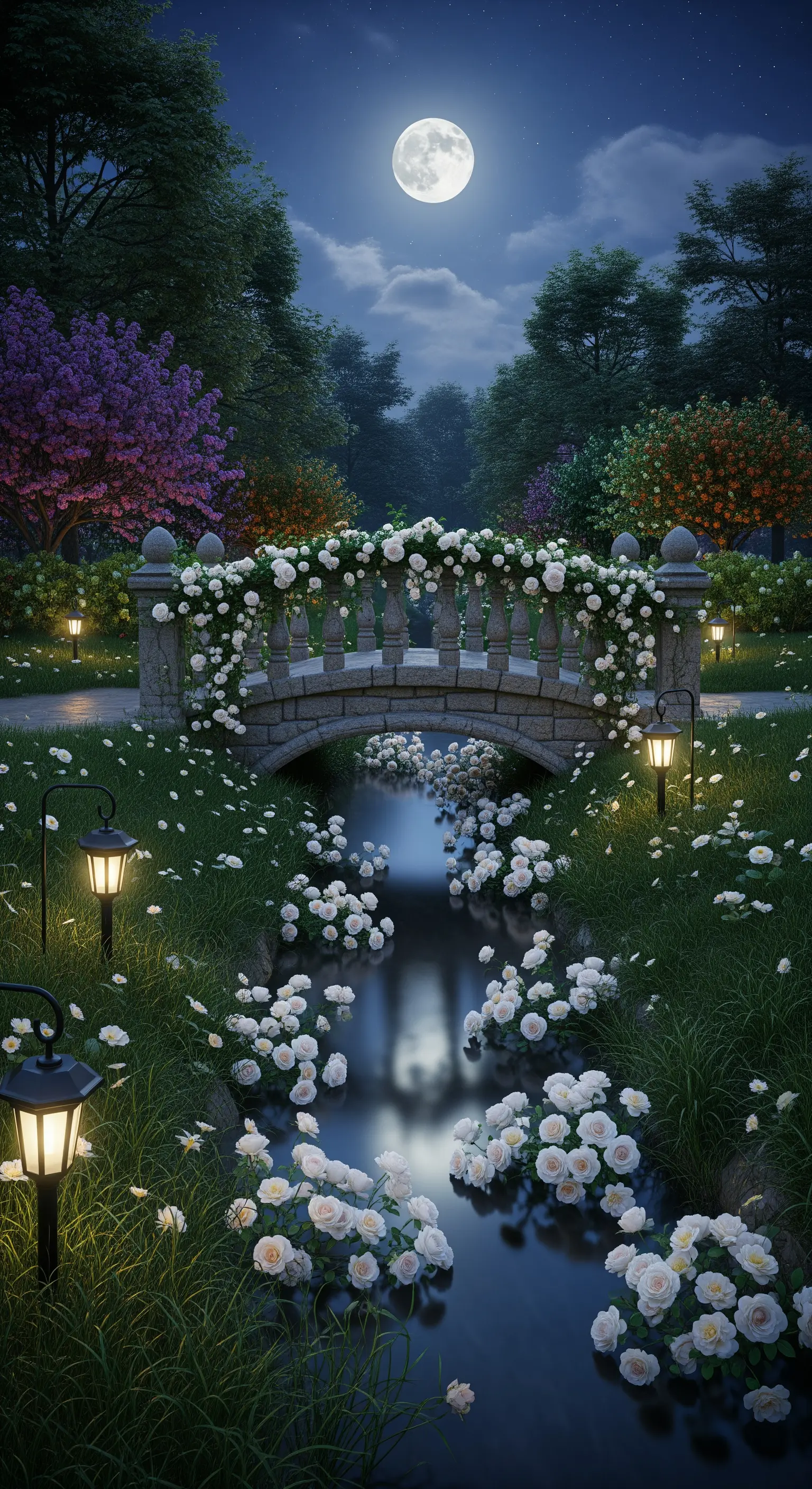Steinbrücke mit weißen Rosen, Fluss mit Blüten, Laternen und Vollmond.