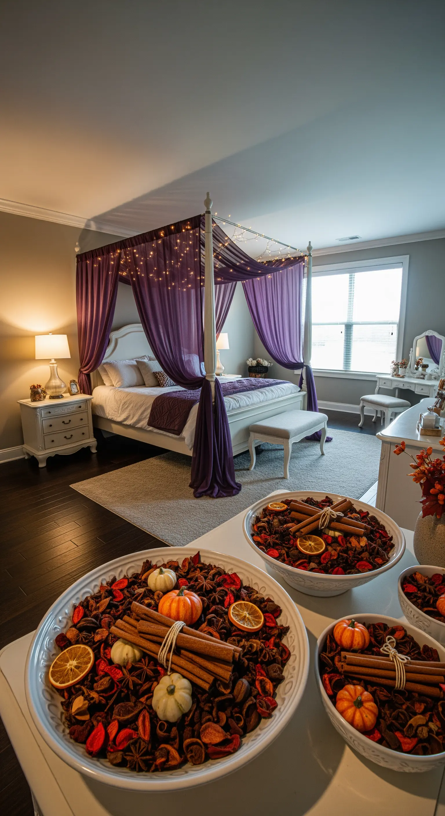 Canopy-Bett mit lila Drapierungen und Lichterketten, Potpourri-Schalen mit Kürbissen