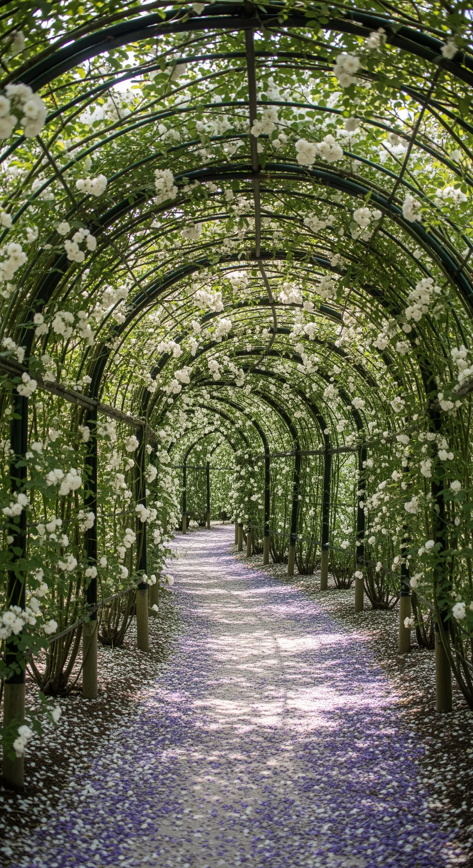 Langer Tunnel aus weißen Kletterrosen über einem Kiespfad