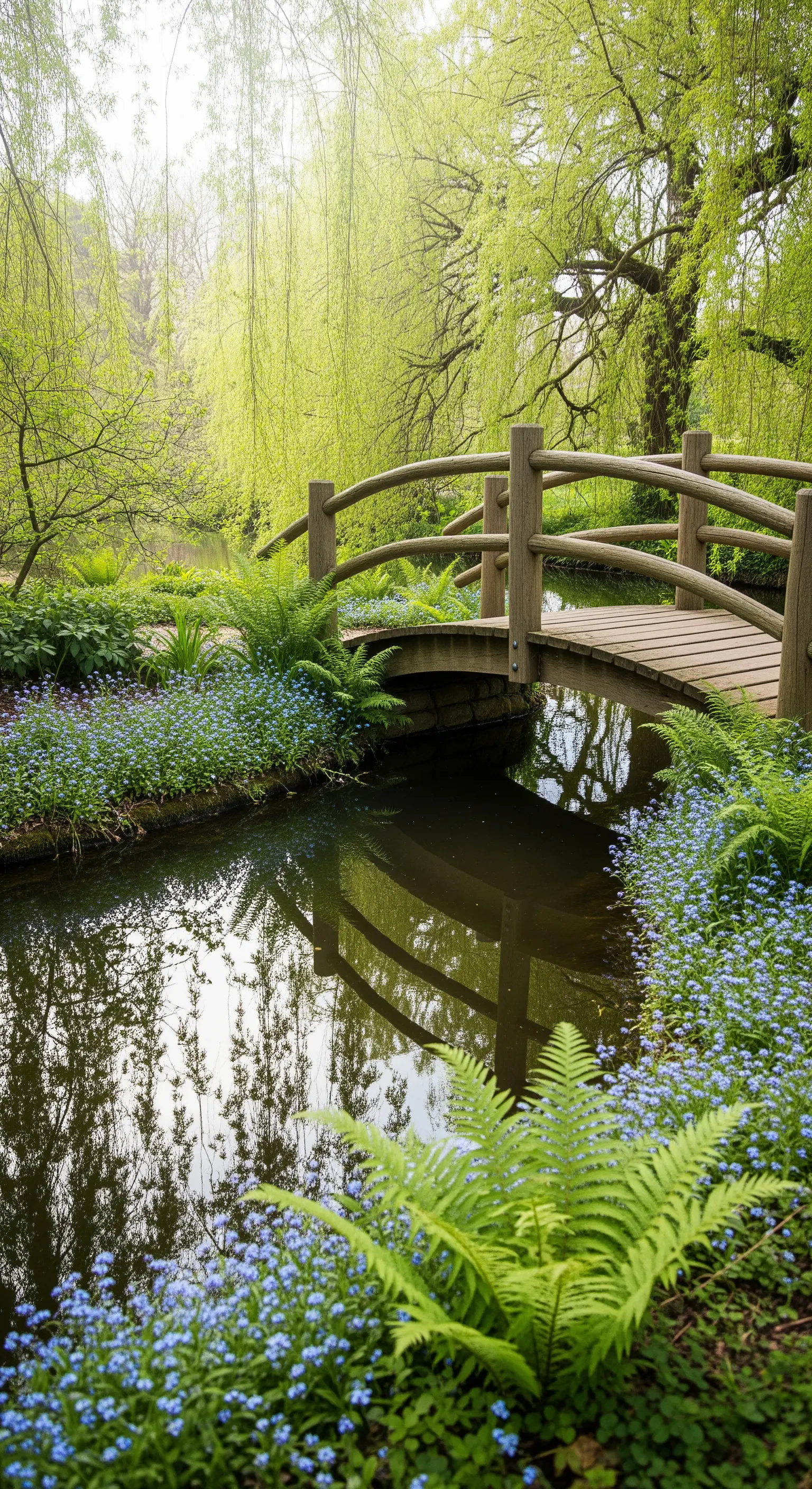 Holzbrücke über einen Bach, umgeben von Farnen und Vergissmeinnicht