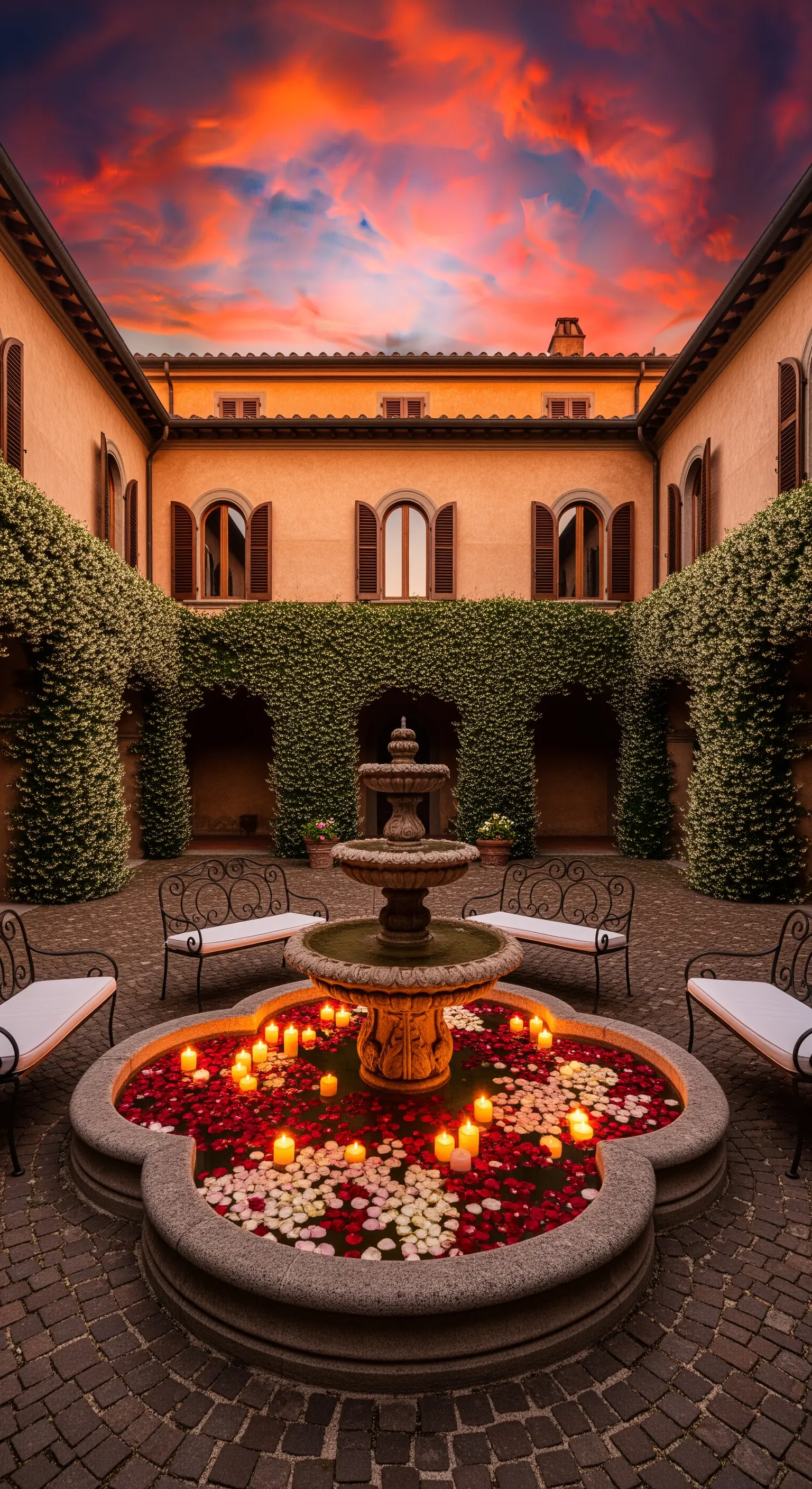 Hofbrunnen mit schwimmenden Kerzen und Rosenblättern, umgeben von Efeu